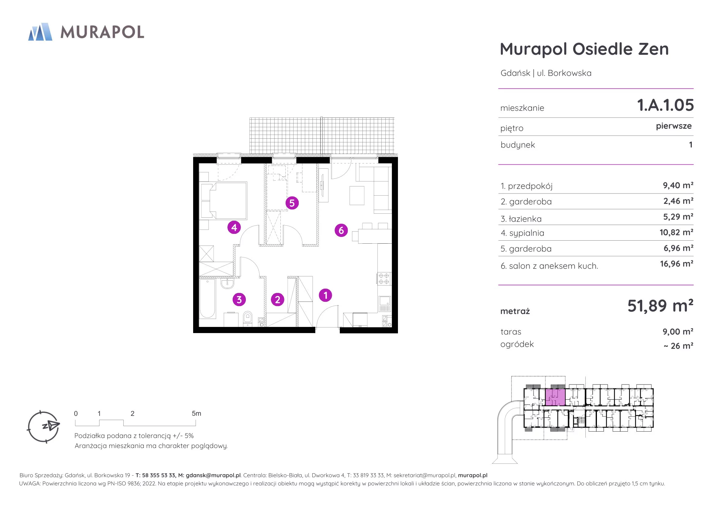 Mieszkanie 51,89 m², piętro 1, oferta nr 1.A.1.05, Murapol Osiedle Zen, Gdańsk, Orunia Górna-Gdańsk Południe, Maćkowy, ul. Borkowska