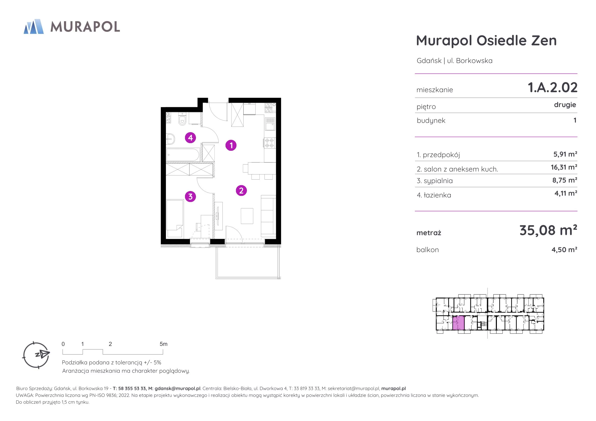 Mieszkanie 35,08 m², piętro 2, oferta nr 1.A.2.02, Murapol Osiedle Zen, Gdańsk, Orunia Górna-Gdańsk Południe, Maćkowy, ul. Borkowska