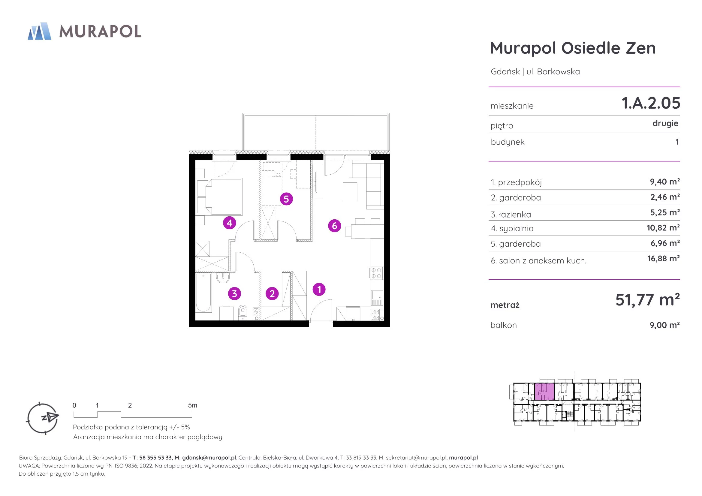 2 pokoje, mieszkanie 51,77 m², piętro 2, oferta nr 1.A.2.05, Murapol Osiedle Zen, Gdańsk, Orunia Górna-Gdańsk Południe, Maćkowy, ul. Borkowska