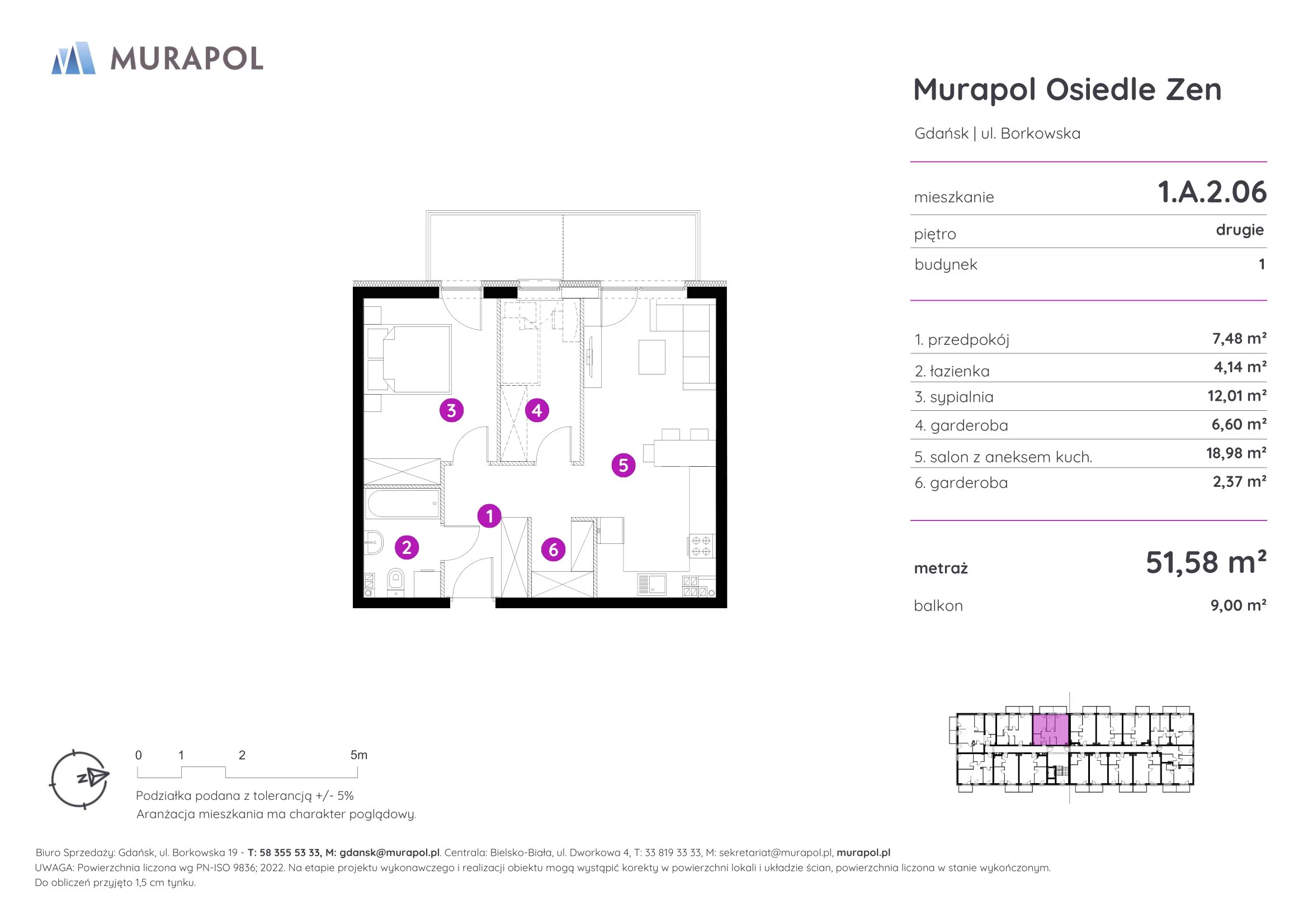 Mieszkanie 51,58 m², piętro 2, oferta nr 1.A.2.06, Murapol Osiedle Zen, Gdańsk, Orunia Górna-Gdańsk Południe, Maćkowy, ul. Borkowska