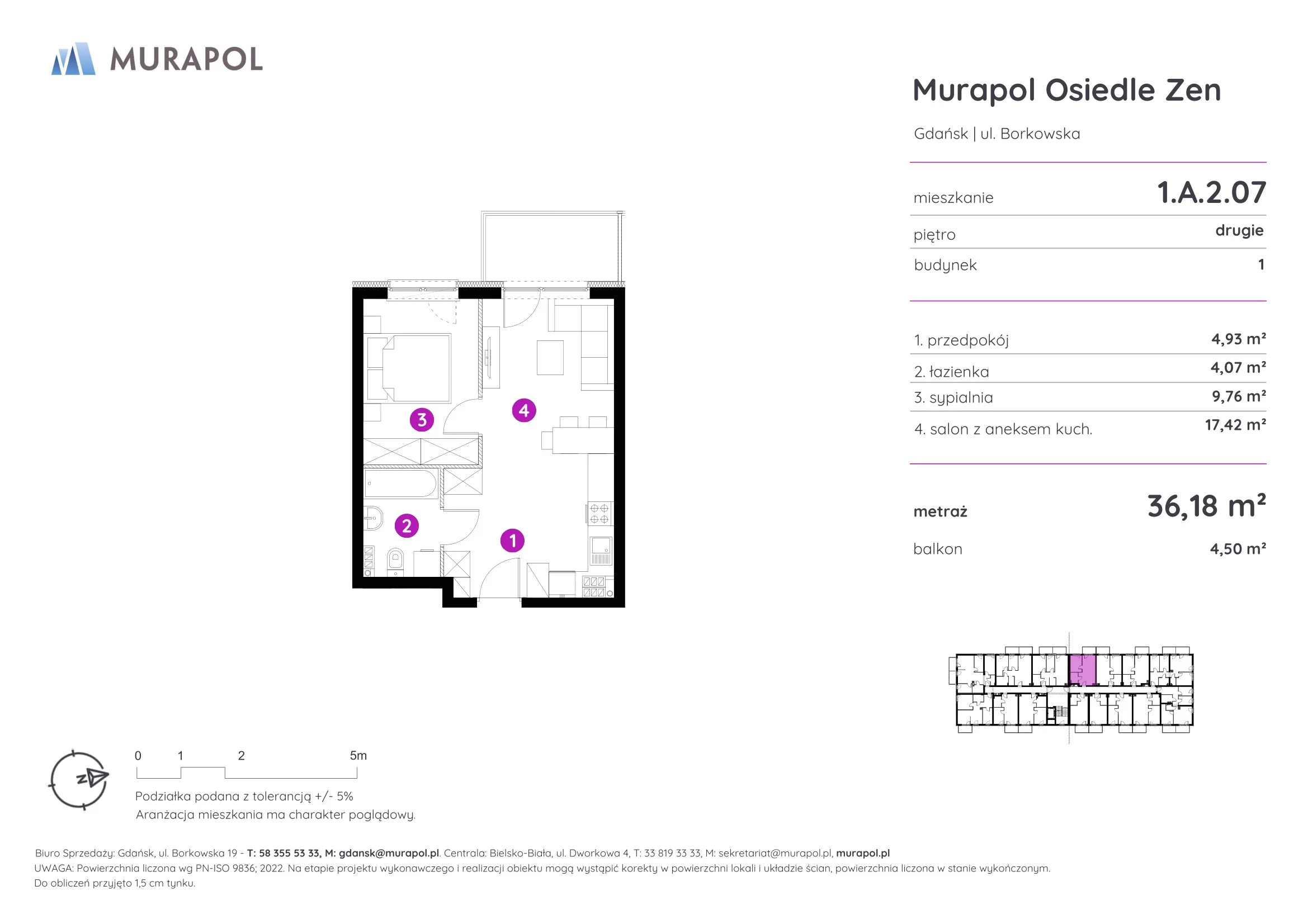 Mieszkanie 36,18 m², piętro 2, oferta nr 1.A.2.07, Murapol Osiedle Zen, Gdańsk, Orunia Górna-Gdańsk Południe, Maćkowy, ul. Borkowska