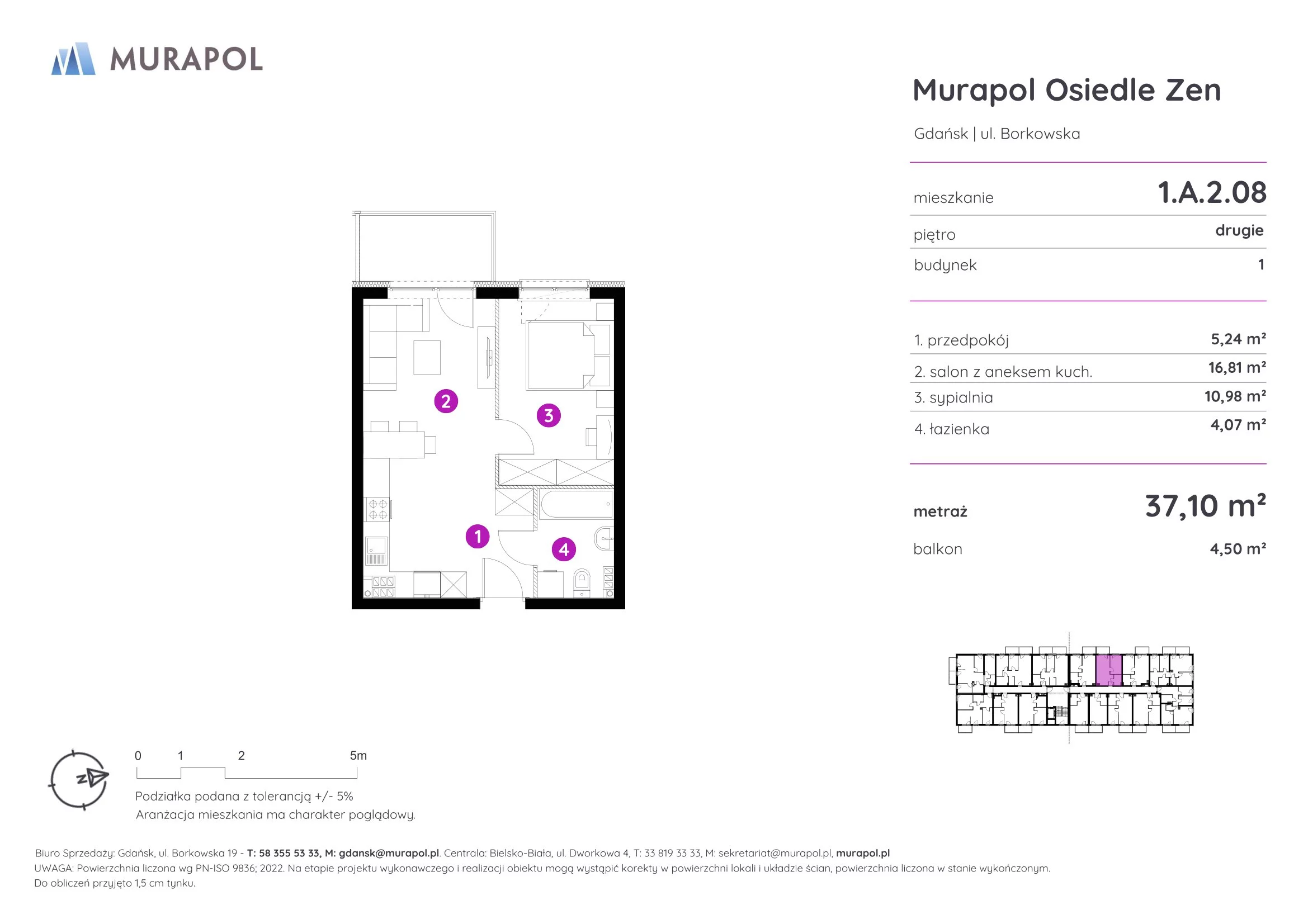 Mieszkanie 37,10 m², piętro 2, oferta nr 1.A.2.08, Murapol Osiedle Zen, Gdańsk, Orunia Górna-Gdańsk Południe, Maćkowy, ul. Borkowska