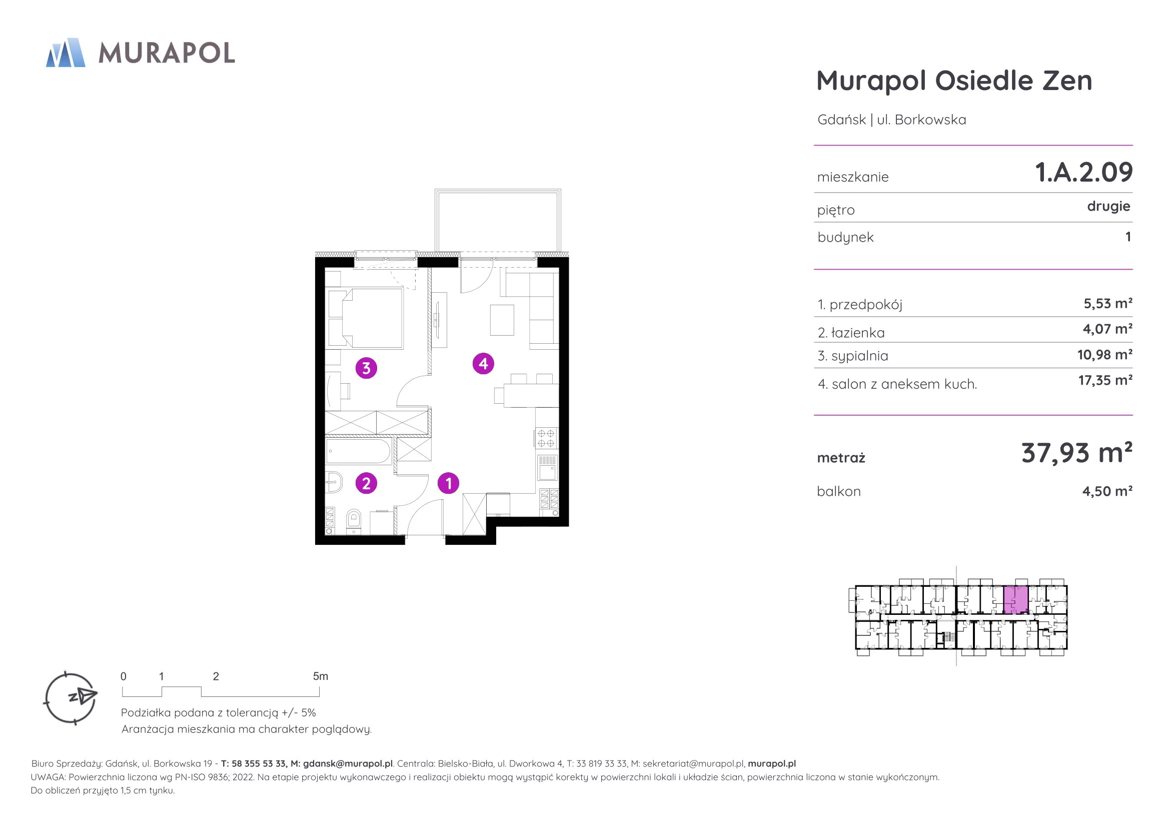 Mieszkanie 37,93 m², piętro 2, oferta nr 1.A.2.09, Murapol Osiedle Zen, Gdańsk, Orunia Górna-Gdańsk Południe, Maćkowy, ul. Borkowska