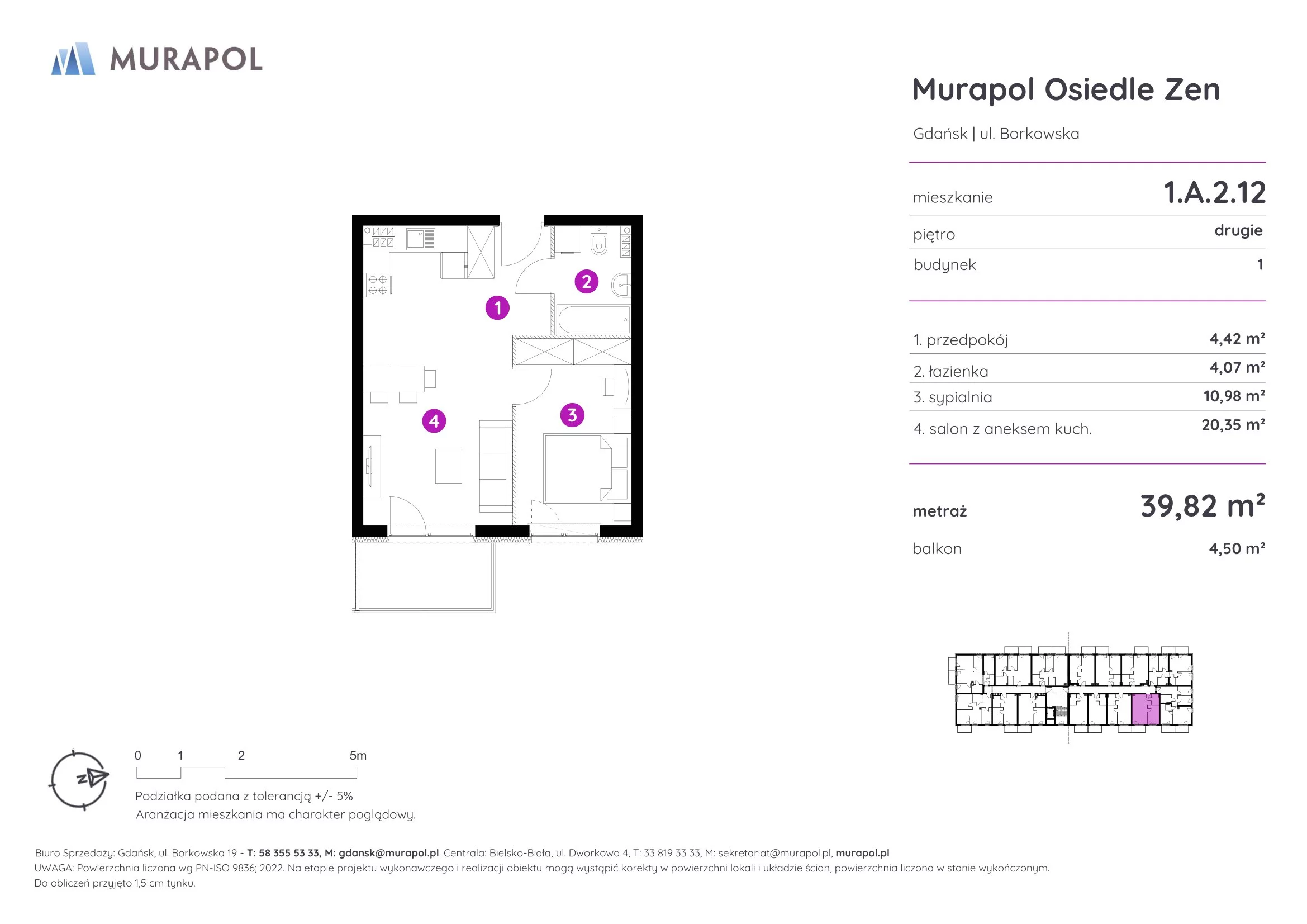 Mieszkanie 39,82 m², piętro 2, oferta nr 1.A.2.12, Murapol Osiedle Zen, Gdańsk, Orunia Górna-Gdańsk Południe, Maćkowy, ul. Borkowska