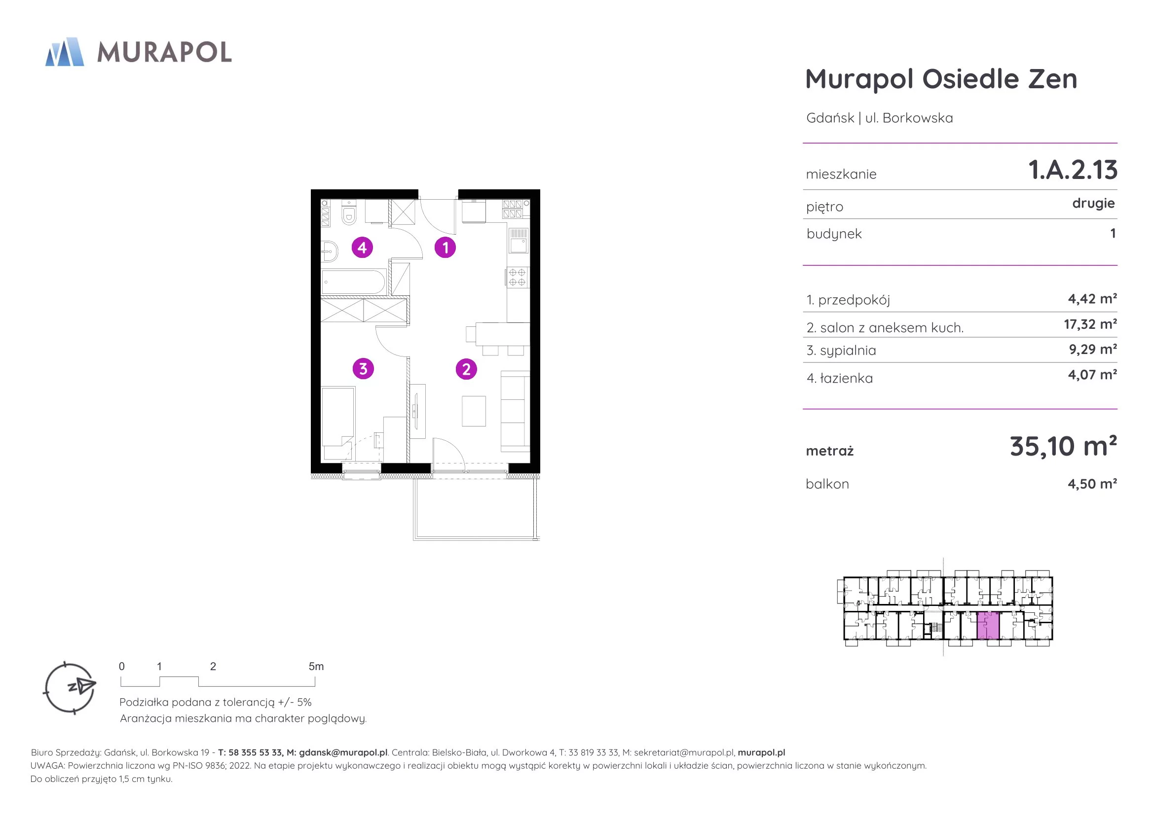 Mieszkanie 35,10 m², piętro 2, oferta nr 1.A.2.13, Murapol Osiedle Zen, Gdańsk, Orunia Górna-Gdańsk Południe, Maćkowy, ul. Borkowska