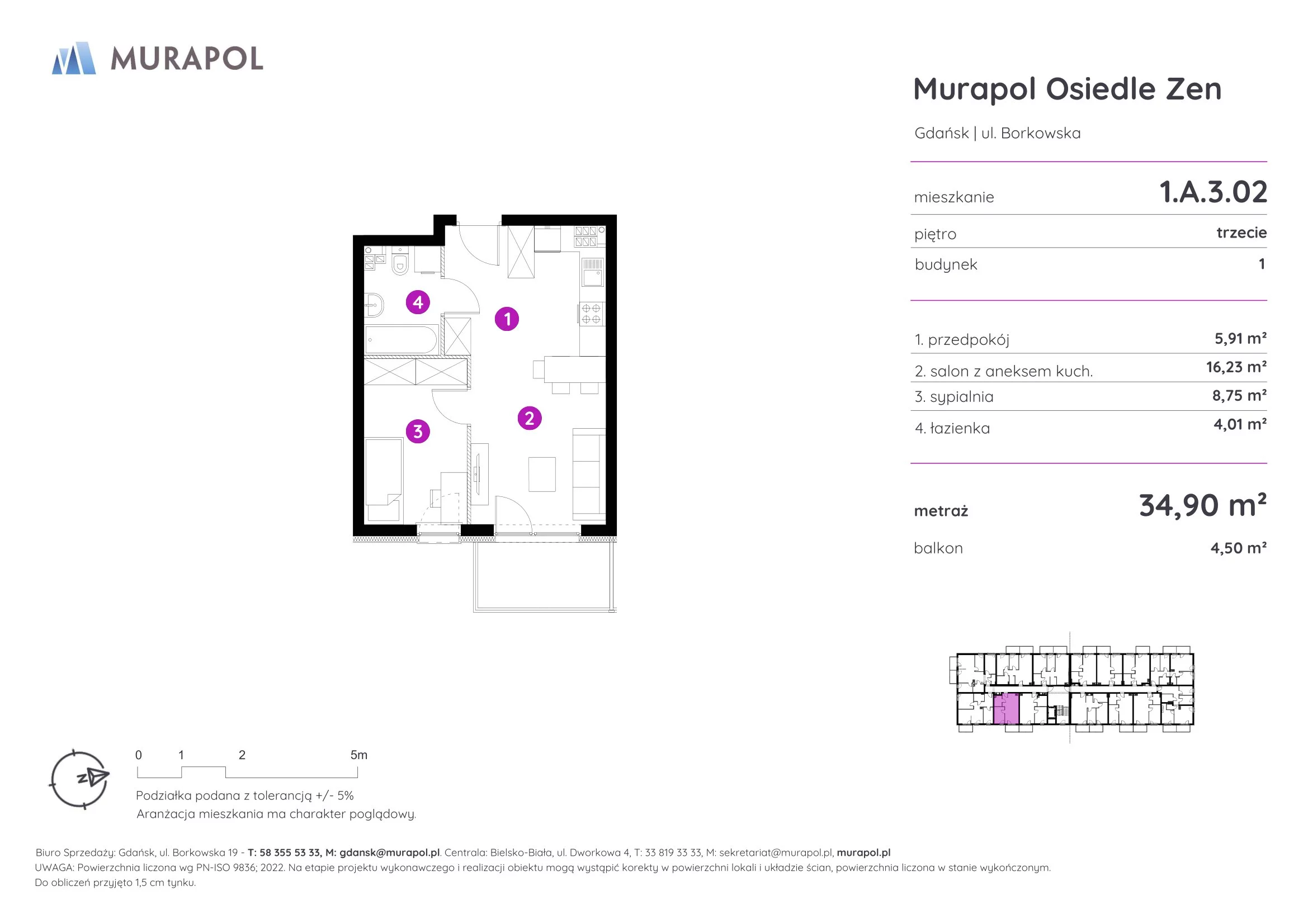 Mieszkanie 34,90 m², piętro 3, oferta nr 1.A.3.02, Murapol Osiedle Zen, Gdańsk, Orunia Górna-Gdańsk Południe, Maćkowy, ul. Borkowska