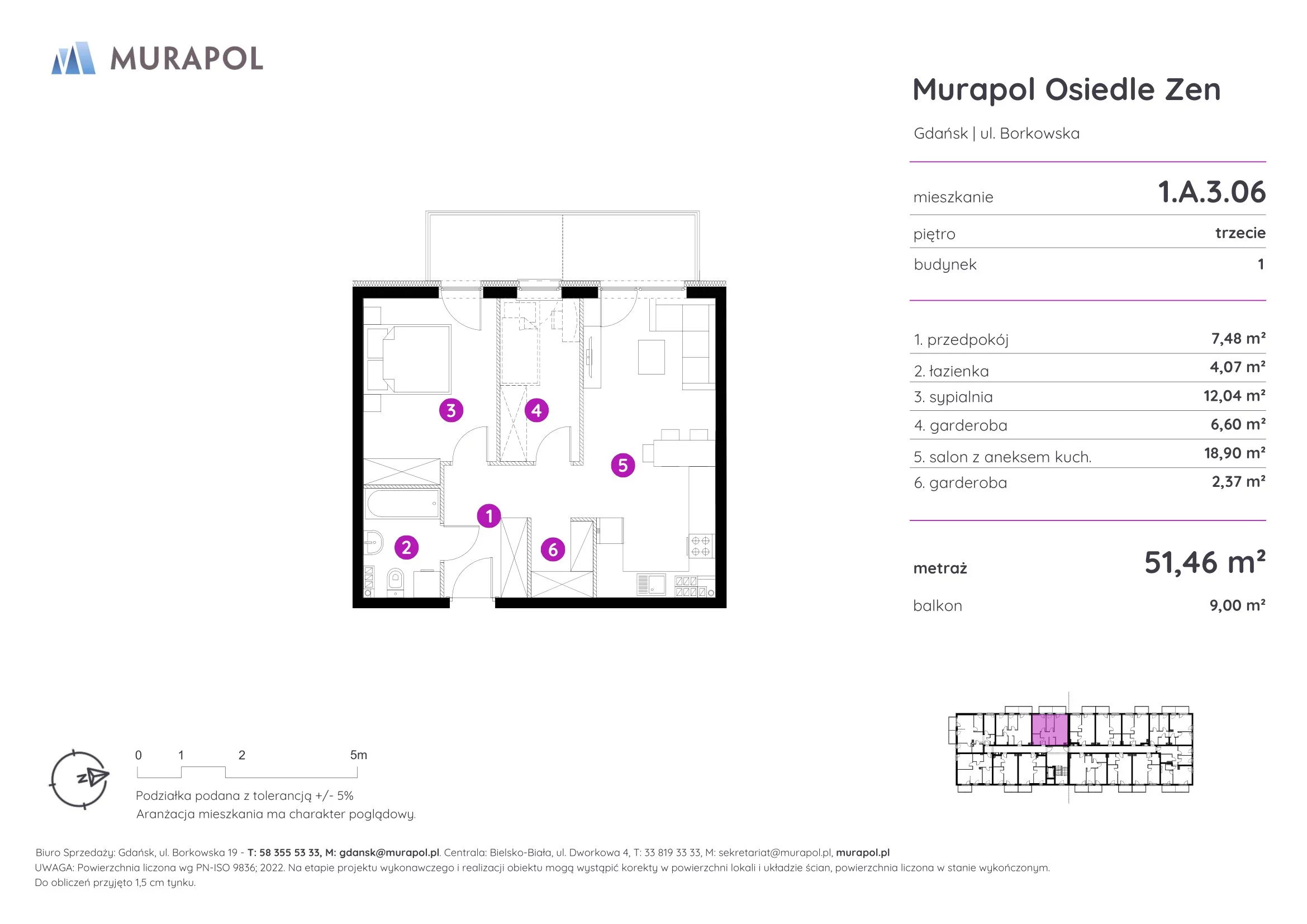 Mieszkanie 51,46 m², piętro 3, oferta nr 1.A.3.06, Murapol Osiedle Zen, Gdańsk, Orunia Górna-Gdańsk Południe, Maćkowy, ul. Borkowska