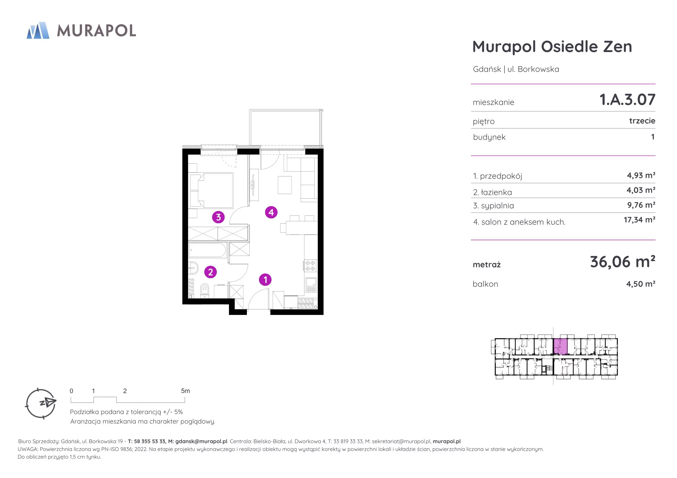 Mieszkanie 36,06 m², piętro 3, oferta nr 1.A.3.07, Murapol Osiedle Zen, Gdańsk, Orunia Górna-Gdańsk Południe, Maćkowy, ul. Borkowska