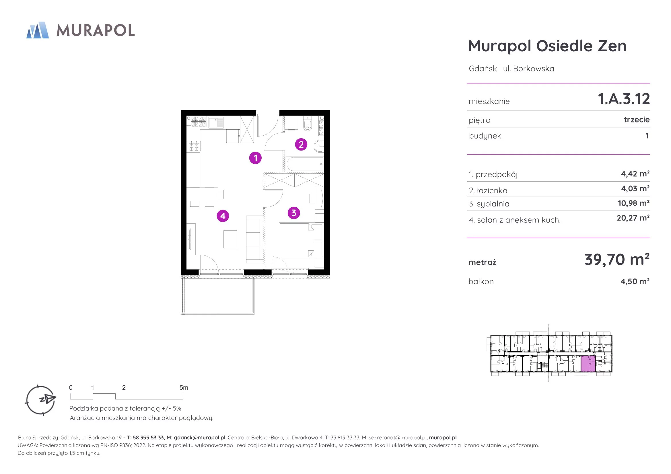 Mieszkanie 39,70 m², piętro 3, oferta nr 1.A.3.12, Murapol Osiedle Zen, Gdańsk, Orunia Górna-Gdańsk Południe, Maćkowy, ul. Borkowska