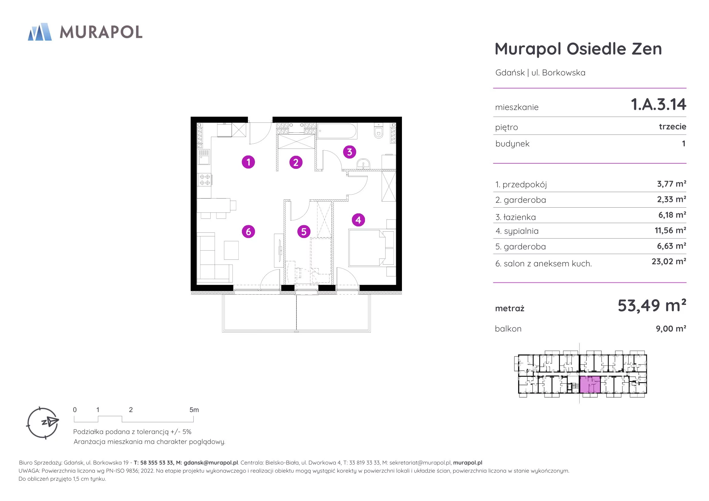 Mieszkanie 53,49 m², piętro 3, oferta nr 1.A.3.14, Murapol Osiedle Zen, Gdańsk, Orunia Górna-Gdańsk Południe, Maćkowy, ul. Borkowska