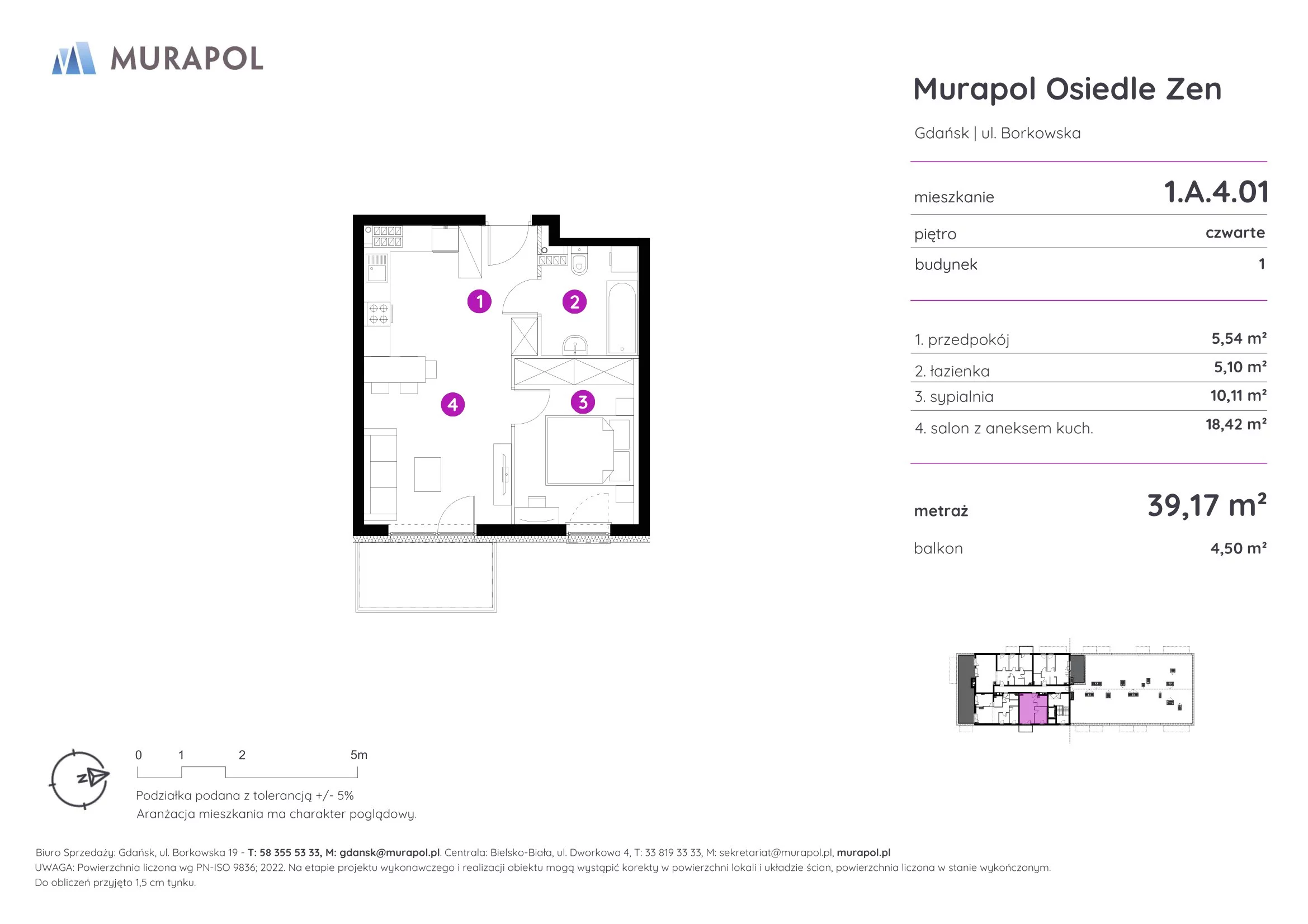 Mieszkanie 39,17 m², piętro 4, oferta nr 1.A.4.01, Murapol Osiedle Zen, Gdańsk, Orunia Górna-Gdańsk Południe, Maćkowy, ul. Borkowska