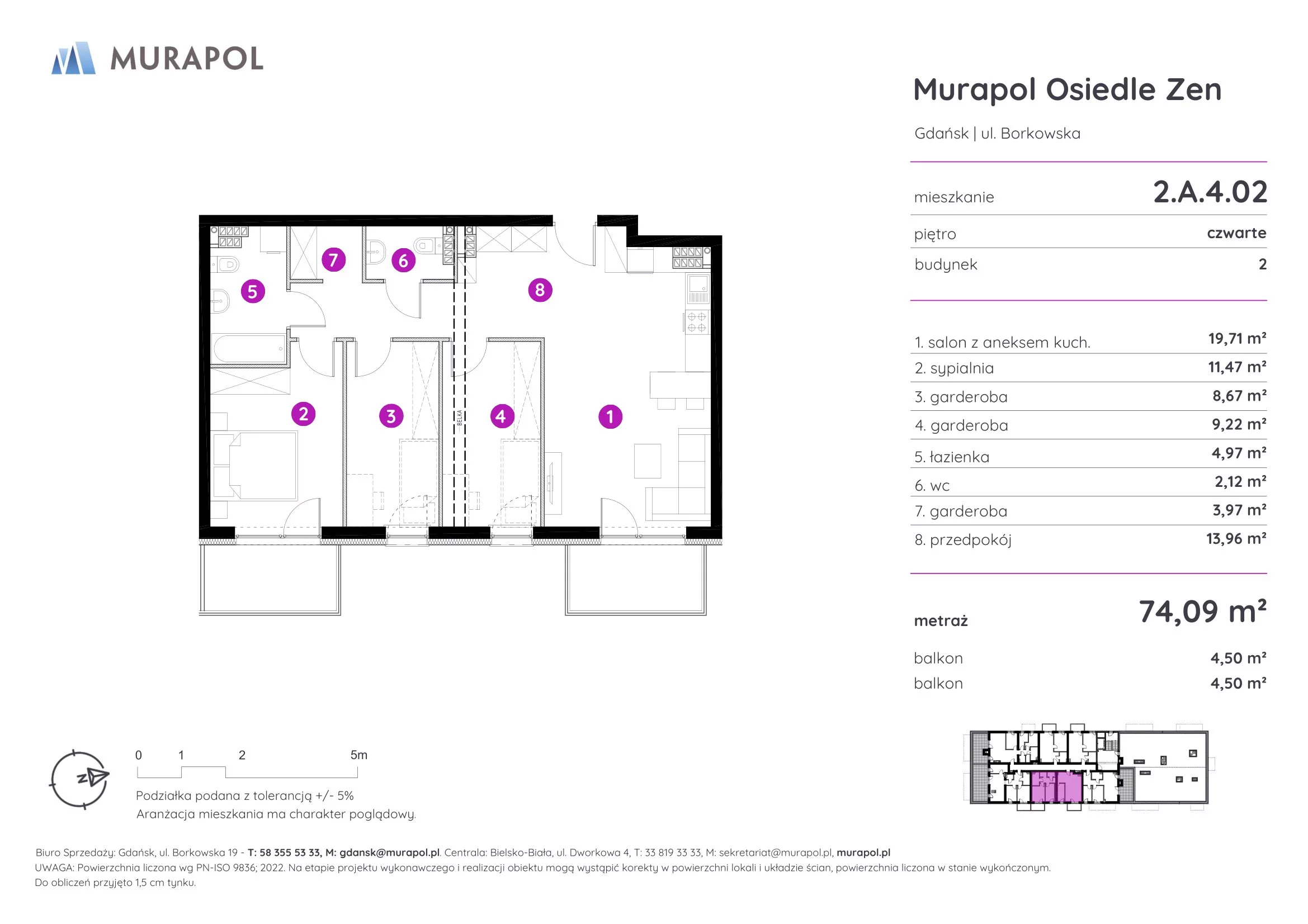 Mieszkanie 74,09 m², piętro 4, oferta nr 2.A.4.02, Murapol Osiedle Zen, Gdańsk, Orunia Górna-Gdańsk Południe, Maćkowy, ul. Borkowska-idx