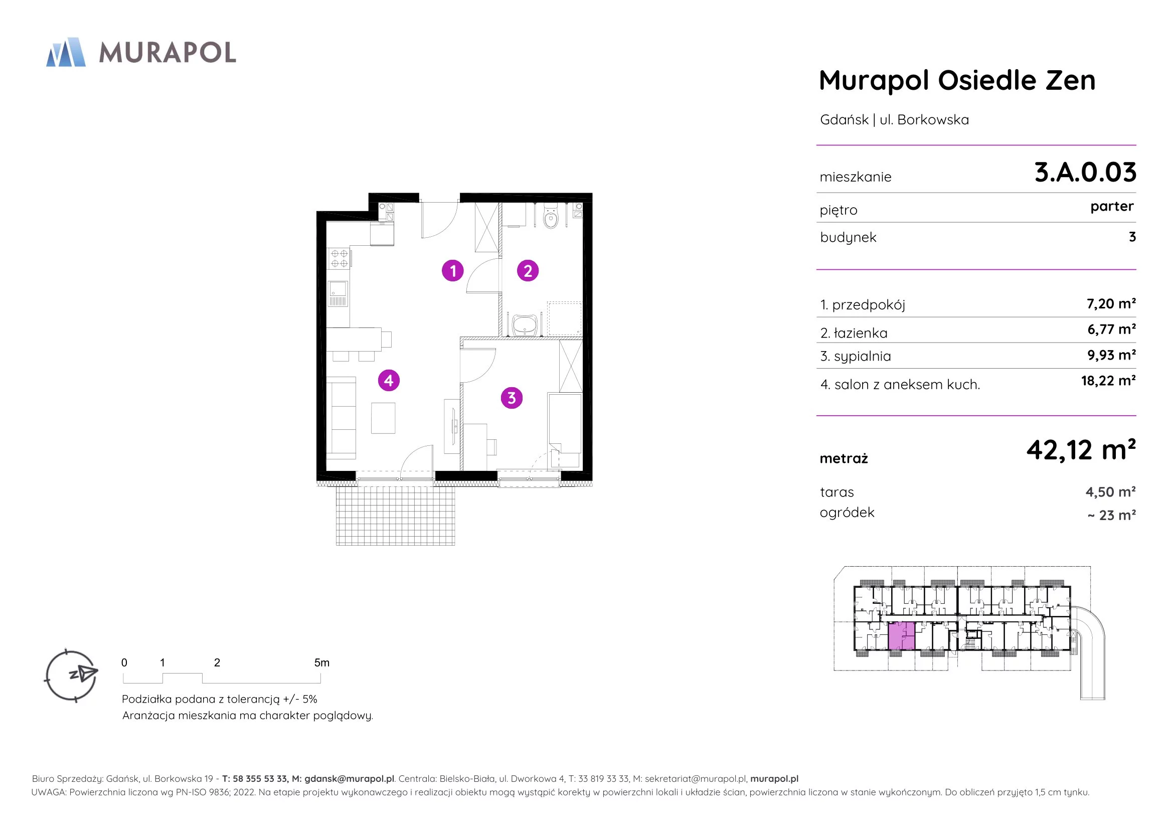 Mieszkanie 42,12 m², parter, oferta nr 3.A.0.03, Murapol Osiedle Zen, Gdańsk, Orunia Górna-Gdańsk Południe, Maćkowy, ul. Borkowska