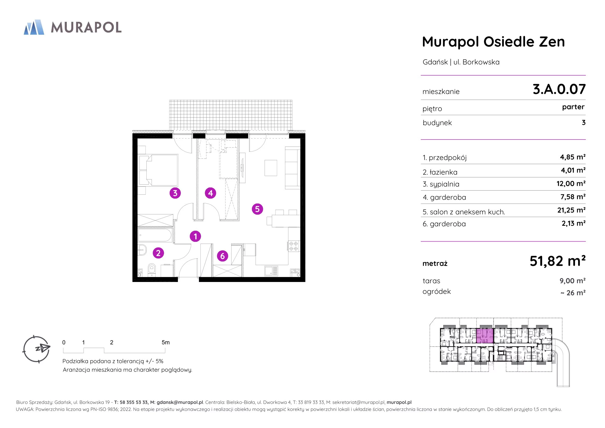 Mieszkanie 51,82 m², parter, oferta nr 3.A.0.07, Murapol Osiedle Zen, Gdańsk, Orunia Górna-Gdańsk Południe, Maćkowy, ul. Borkowska