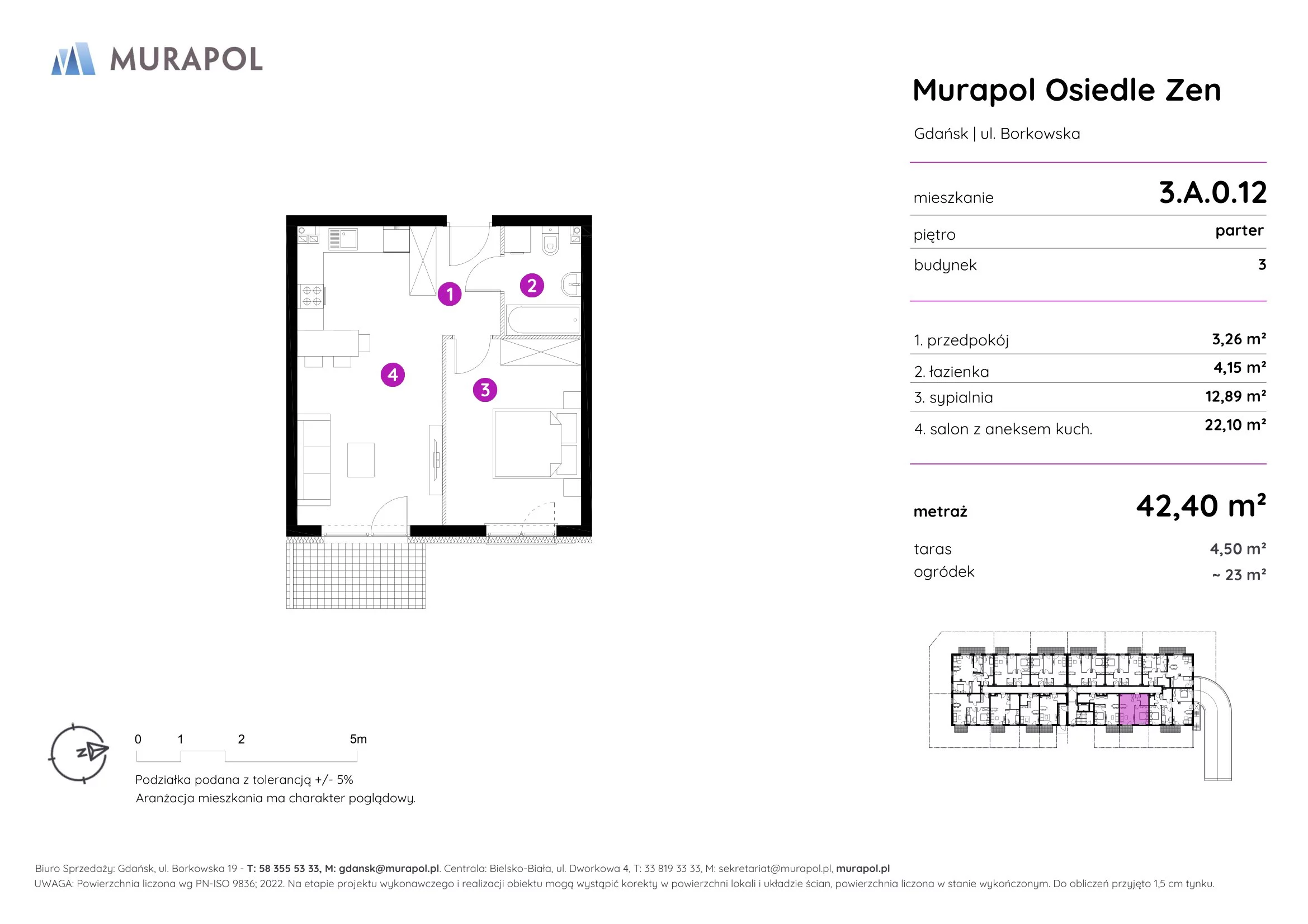 2 pokoje, mieszkanie 42,40 m², parter, oferta nr 3.A.0.12, Murapol Osiedle Zen, Gdańsk, Orunia Górna-Gdańsk Południe, Maćkowy, ul. Borkowska