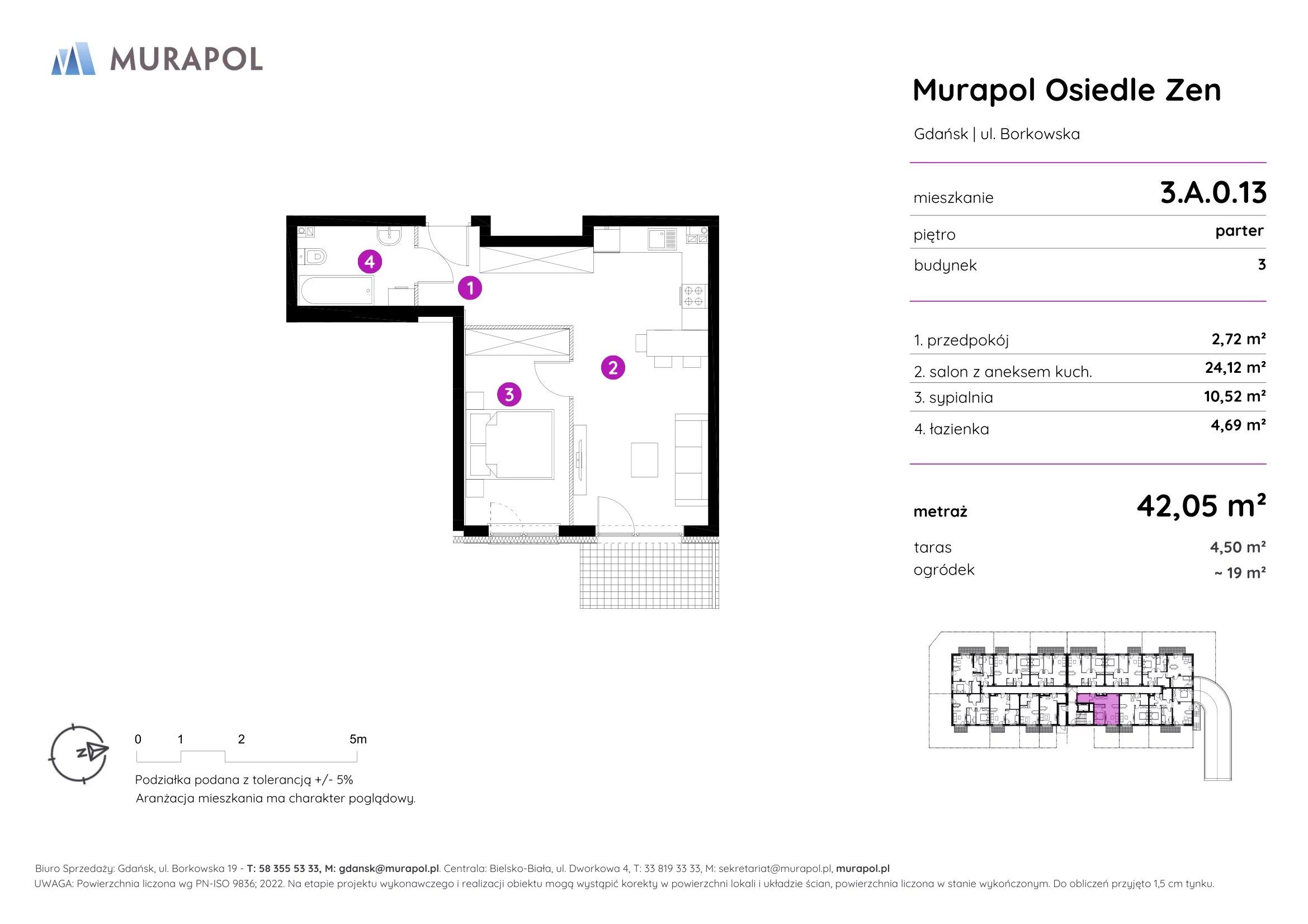 Mieszkanie 42,05 m², parter, oferta nr 3.A.0.13, Murapol Osiedle Zen, Gdańsk, Orunia Górna-Gdańsk Południe, Maćkowy, ul. Borkowska