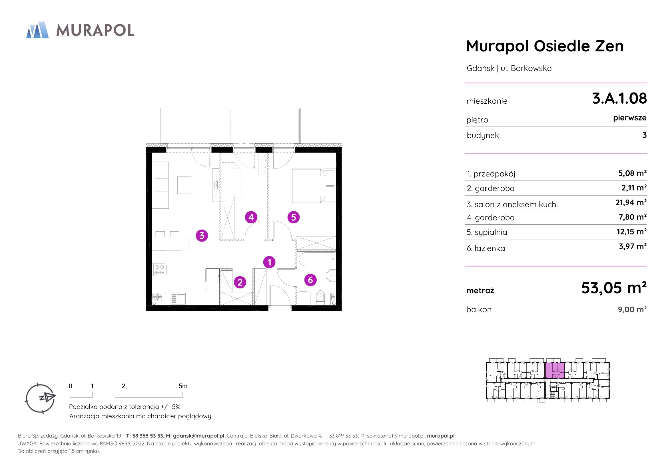 Mieszkanie 53,05 m², piętro 1, oferta nr 3.A.1.08, Murapol Osiedle Zen, Gdańsk, Orunia Górna-Gdańsk Południe, Maćkowy, ul. Borkowska