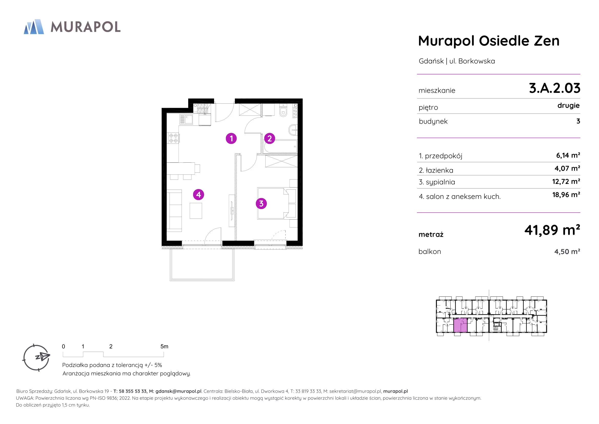 2 pokoje, mieszkanie 41,89 m², piętro 2, oferta nr 3.A.2.03, Murapol Osiedle Zen, Gdańsk, Orunia Górna-Gdańsk Południe, Maćkowy, ul. Borkowska