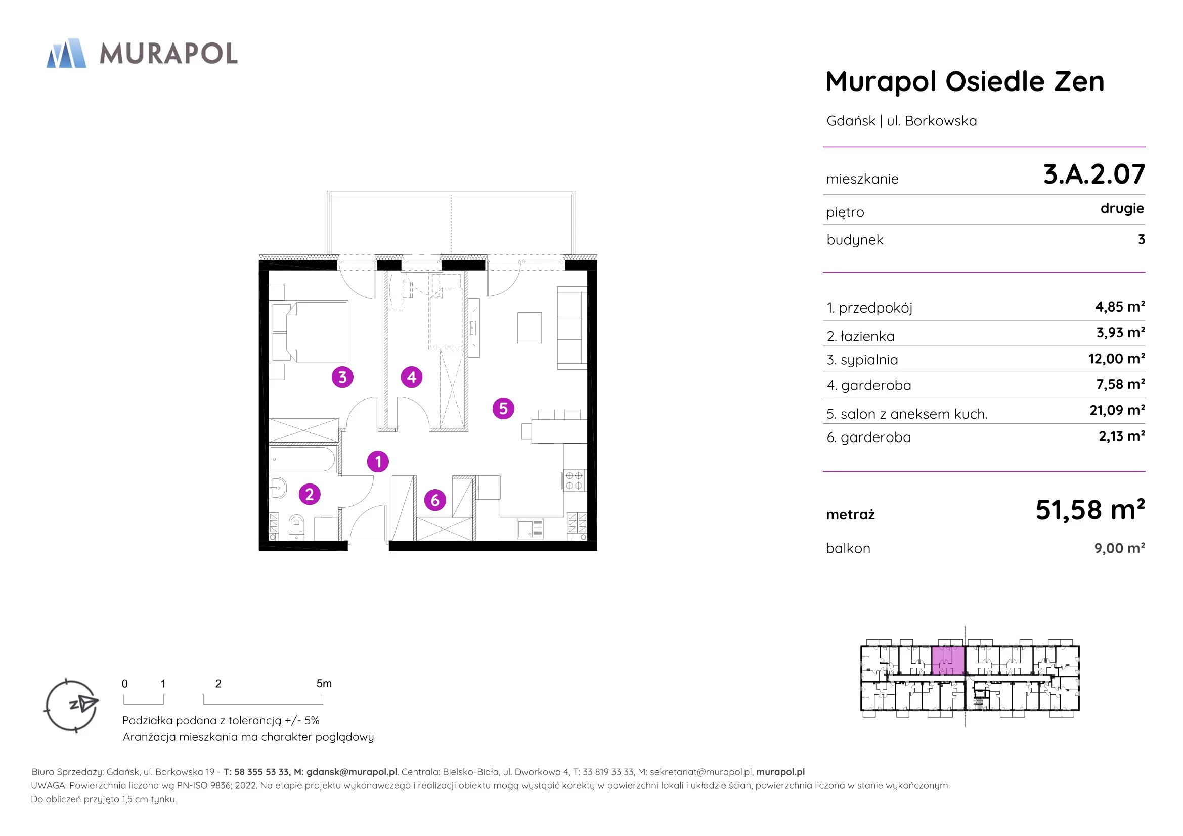 2 pokoje, mieszkanie 51,58 m², piętro 2, oferta nr 3.A.2.07, Murapol Osiedle Zen, Gdańsk, Orunia Górna-Gdańsk Południe, Maćkowy, ul. Borkowska