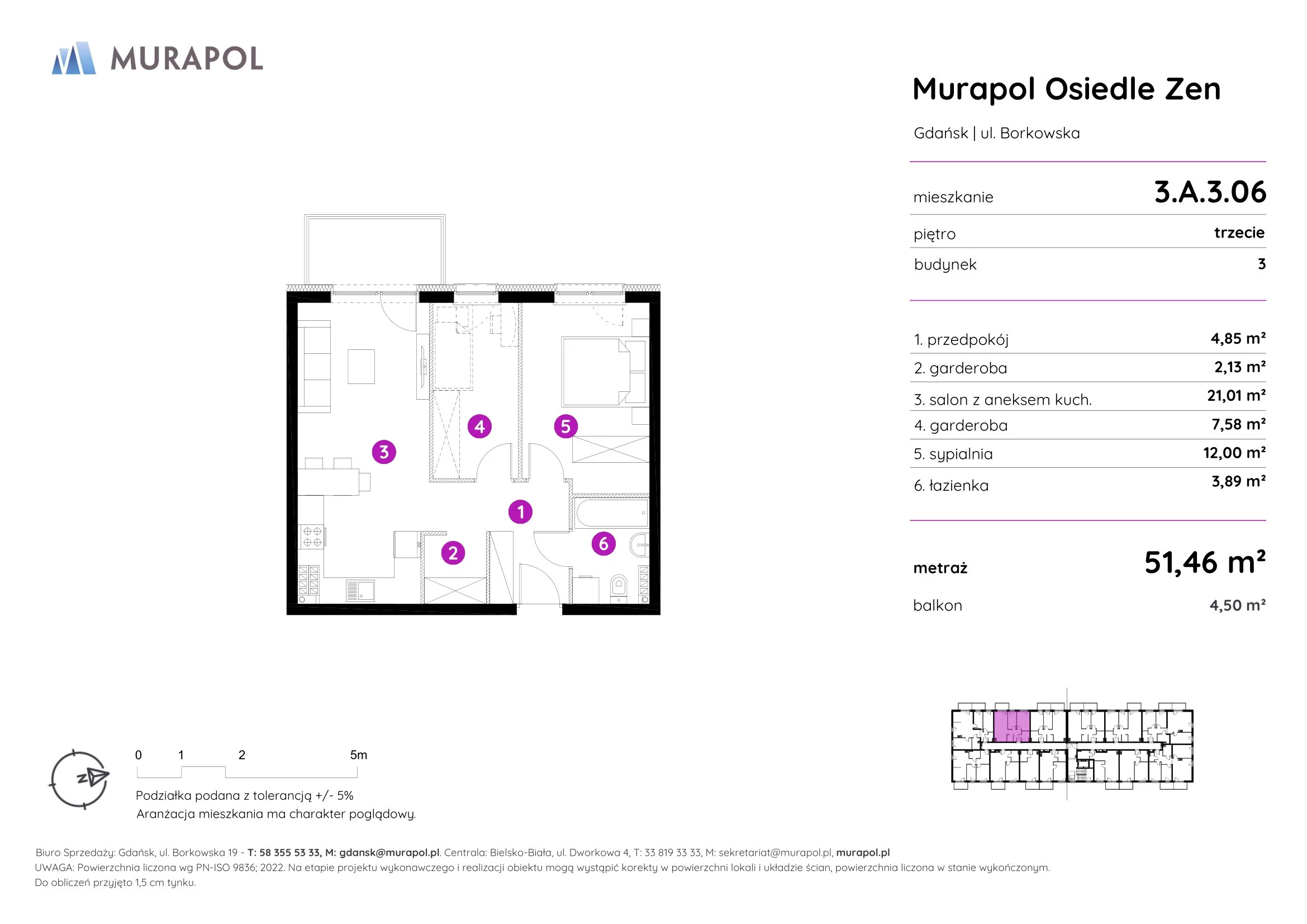 Mieszkanie 51,46 m², piętro 3, oferta nr 3.A.3.06, Murapol Osiedle Zen, Gdańsk, Orunia Górna-Gdańsk Południe, Maćkowy, ul. Borkowska