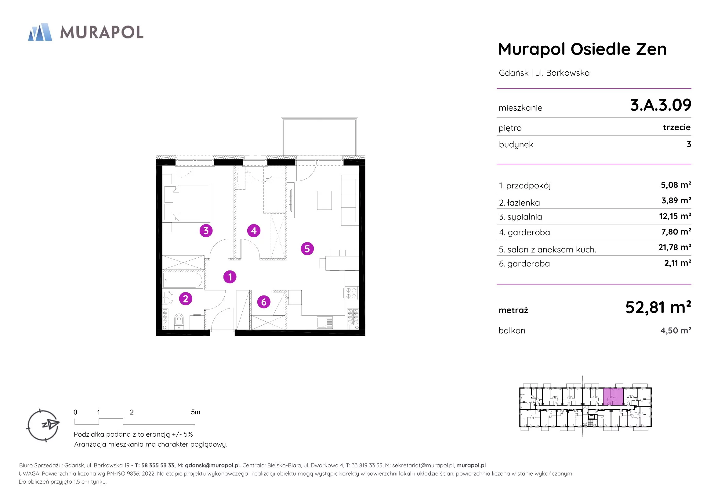 Mieszkanie 52,81 m², piętro 3, oferta nr 3.A.3.09, Murapol Osiedle Zen, Gdańsk, Orunia Górna-Gdańsk Południe, Maćkowy, ul. Borkowska