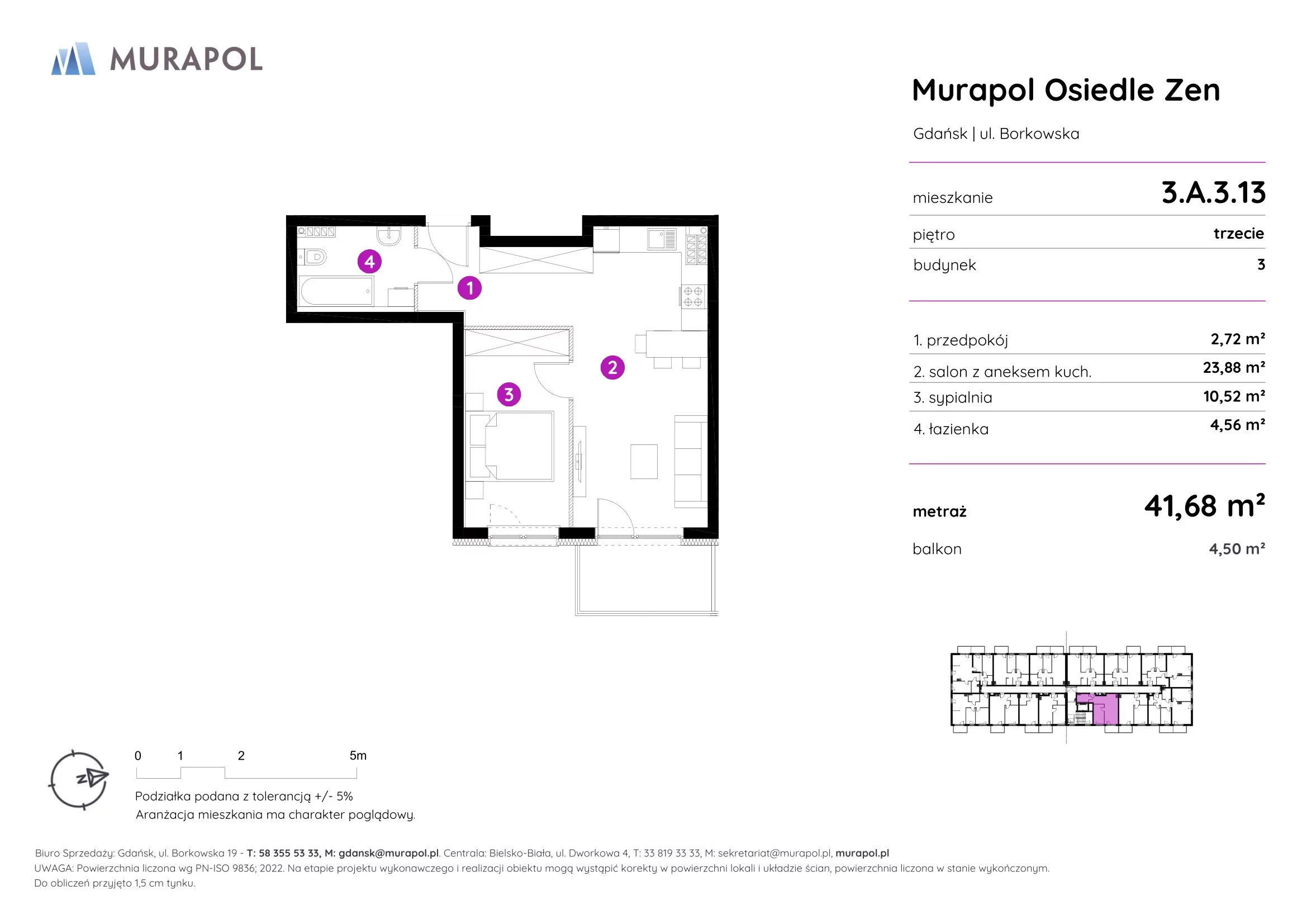 Mieszkanie 41,68 m², piętro 3, oferta nr 3.A.3.13, Murapol Osiedle Zen, Gdańsk, Orunia Górna-Gdańsk Południe, Maćkowy, ul. Borkowska