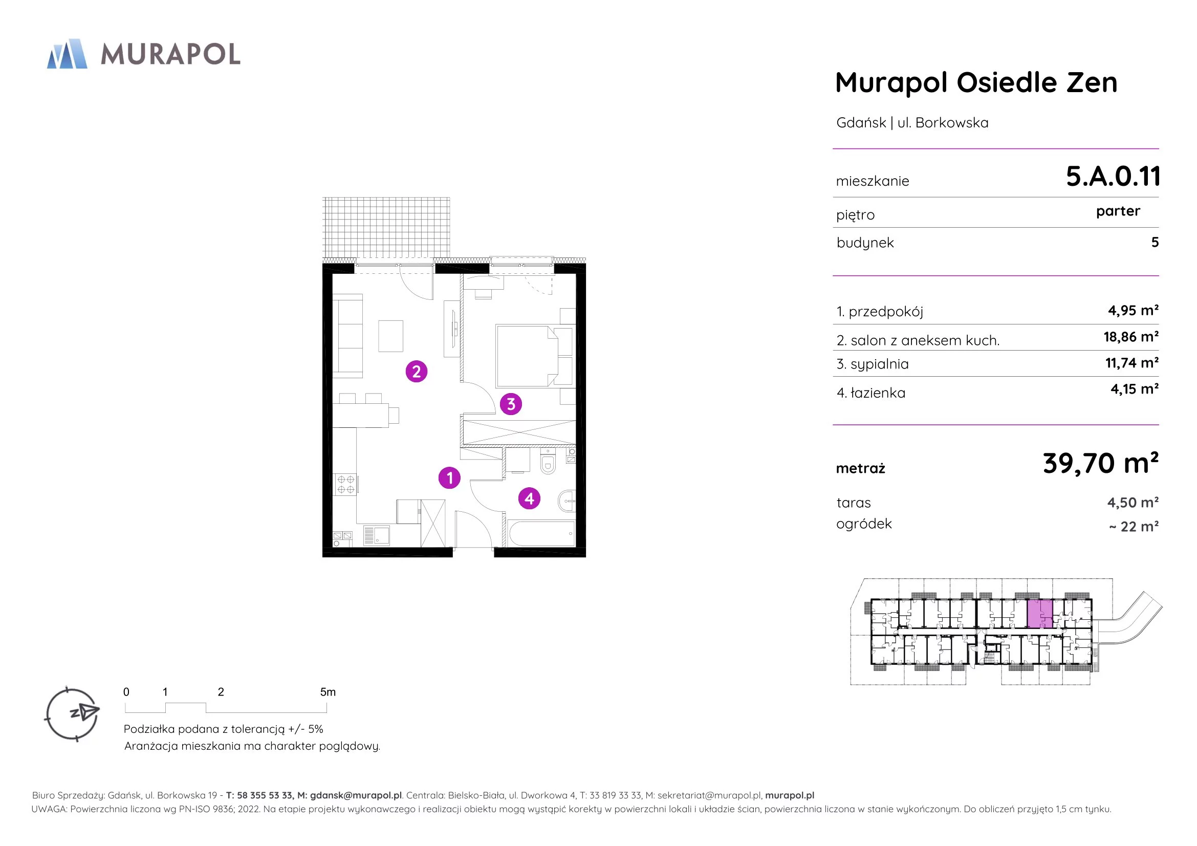 Mieszkanie 39,70 m², parter, oferta nr 5.A.0.11, Murapol Osiedle Zen, Gdańsk, Orunia Górna-Gdańsk Południe, Maćkowy, ul. Borkowska