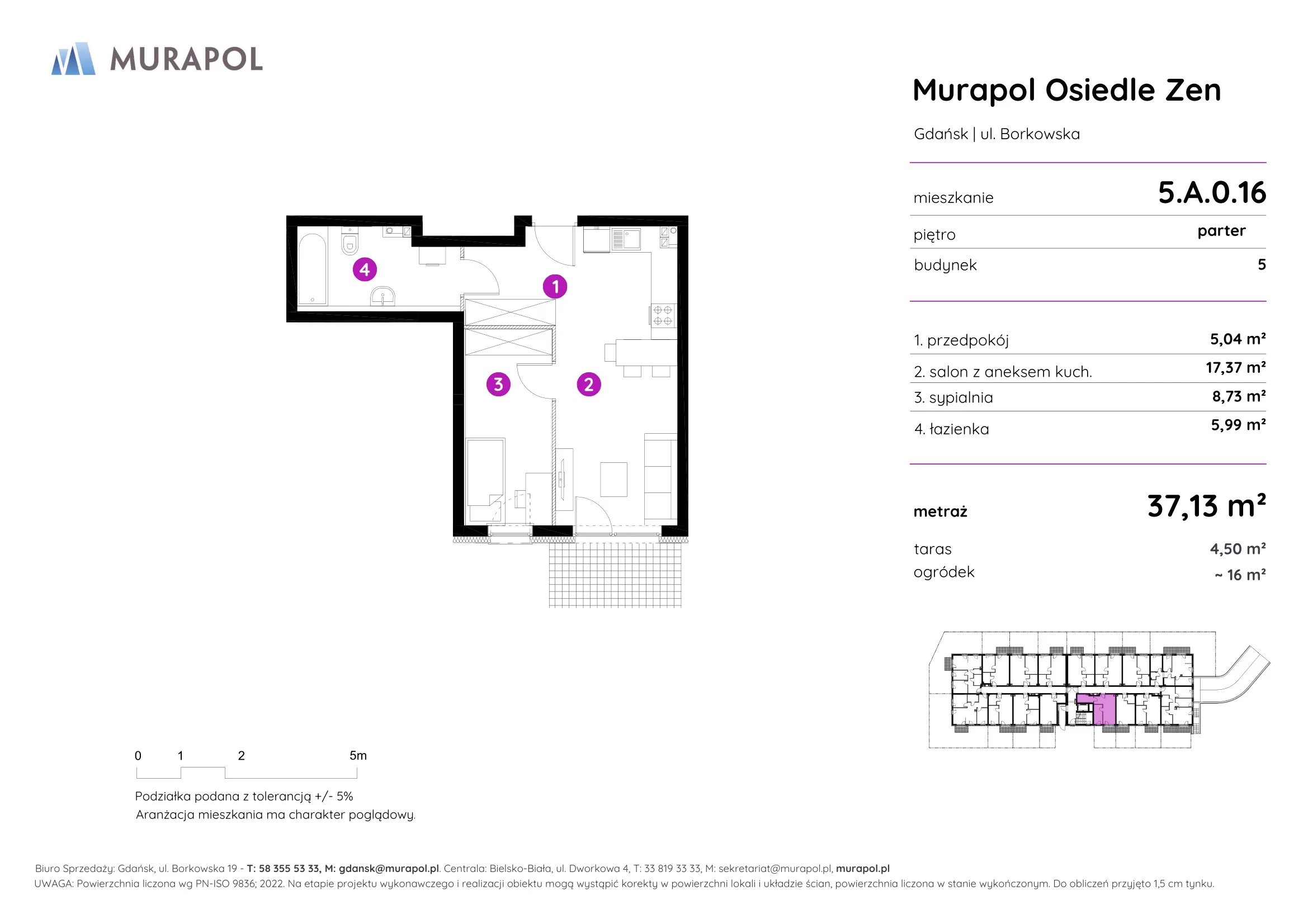 Mieszkanie 37,13 m², parter, oferta nr 5.A.0.16, Murapol Osiedle Zen, Gdańsk, Orunia Górna-Gdańsk Południe, Maćkowy, ul. Borkowska