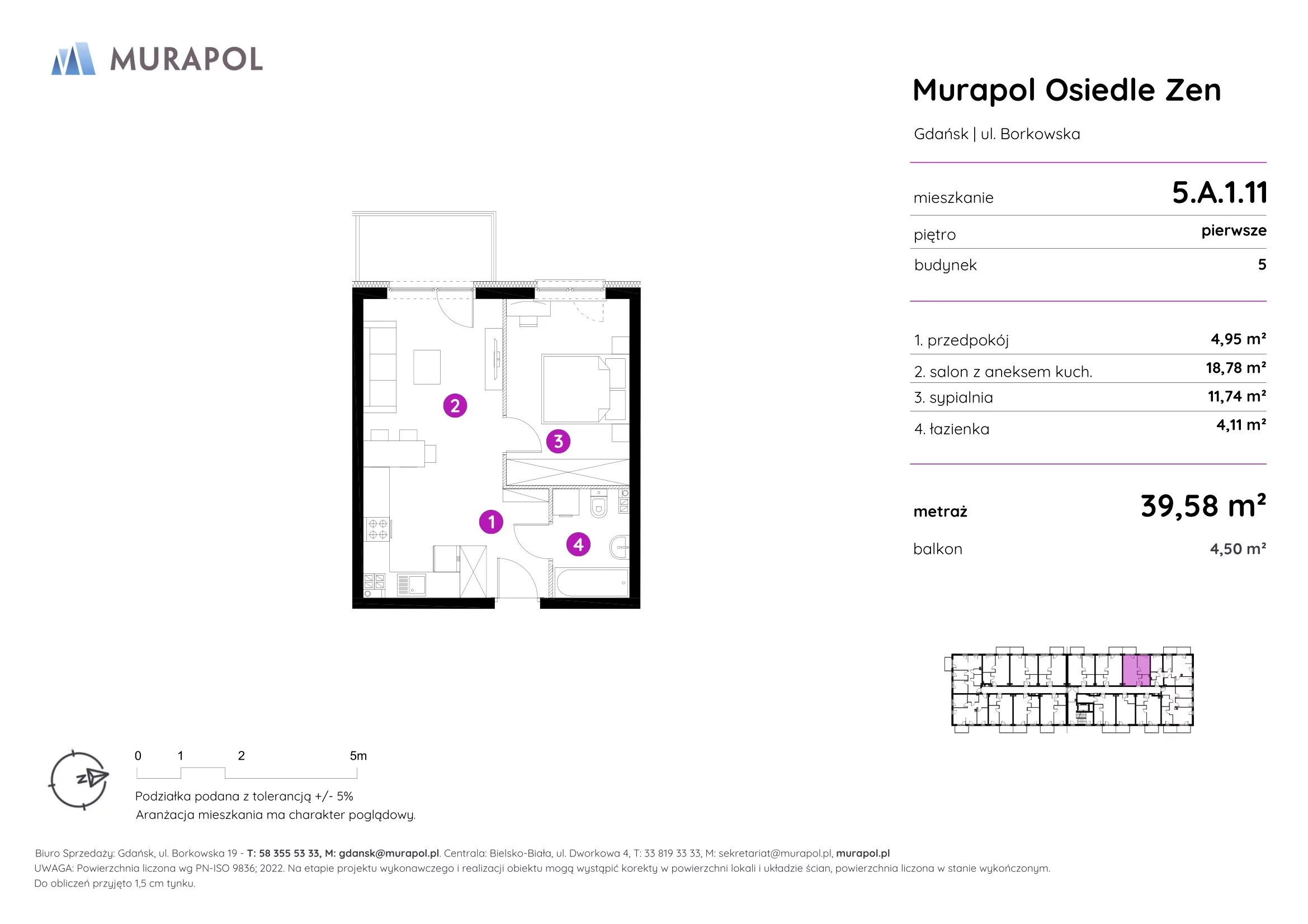 Mieszkanie 39,58 m², piętro 1, oferta nr 5.A.1.11, Murapol Osiedle Zen, Gdańsk, Orunia Górna-Gdańsk Południe, Maćkowy, ul. Borkowska