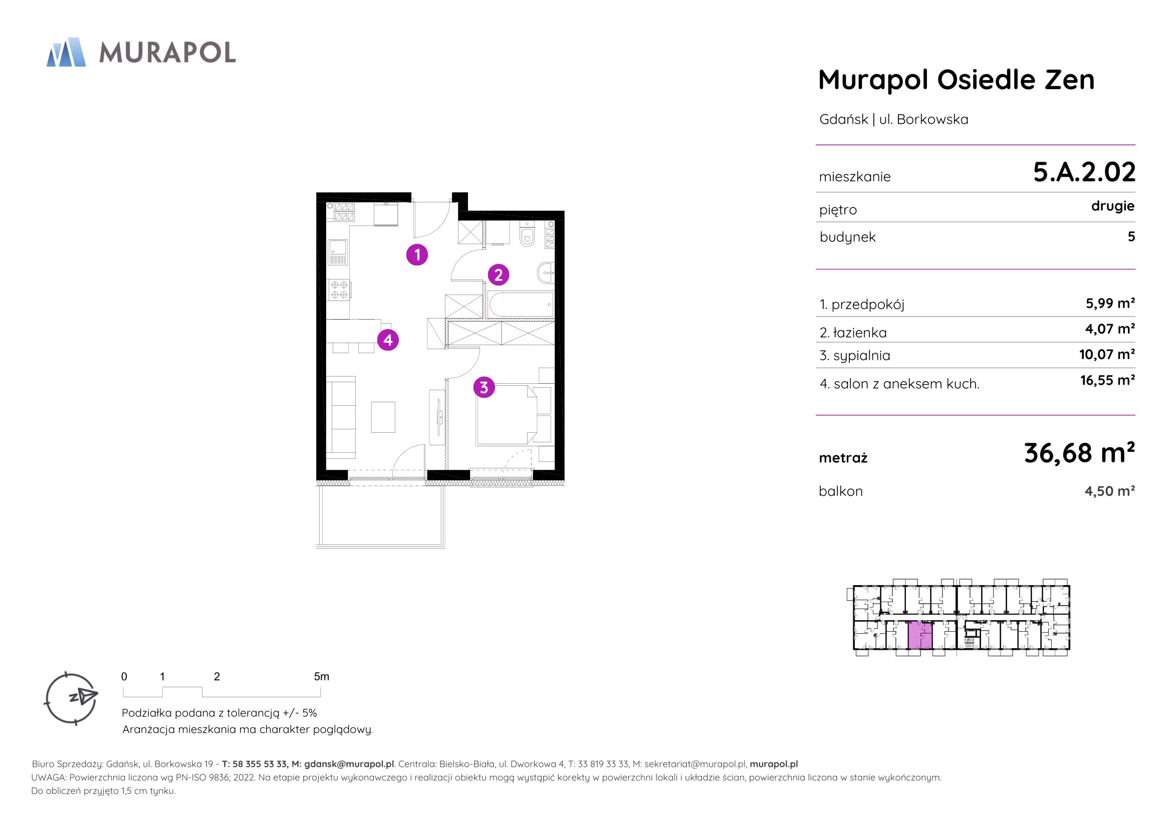 Mieszkanie 36,68 m², piętro 2, oferta nr 5.A.2.02, Murapol Osiedle Zen, Gdańsk, Orunia Górna-Gdańsk Południe, Maćkowy, ul. Borkowska