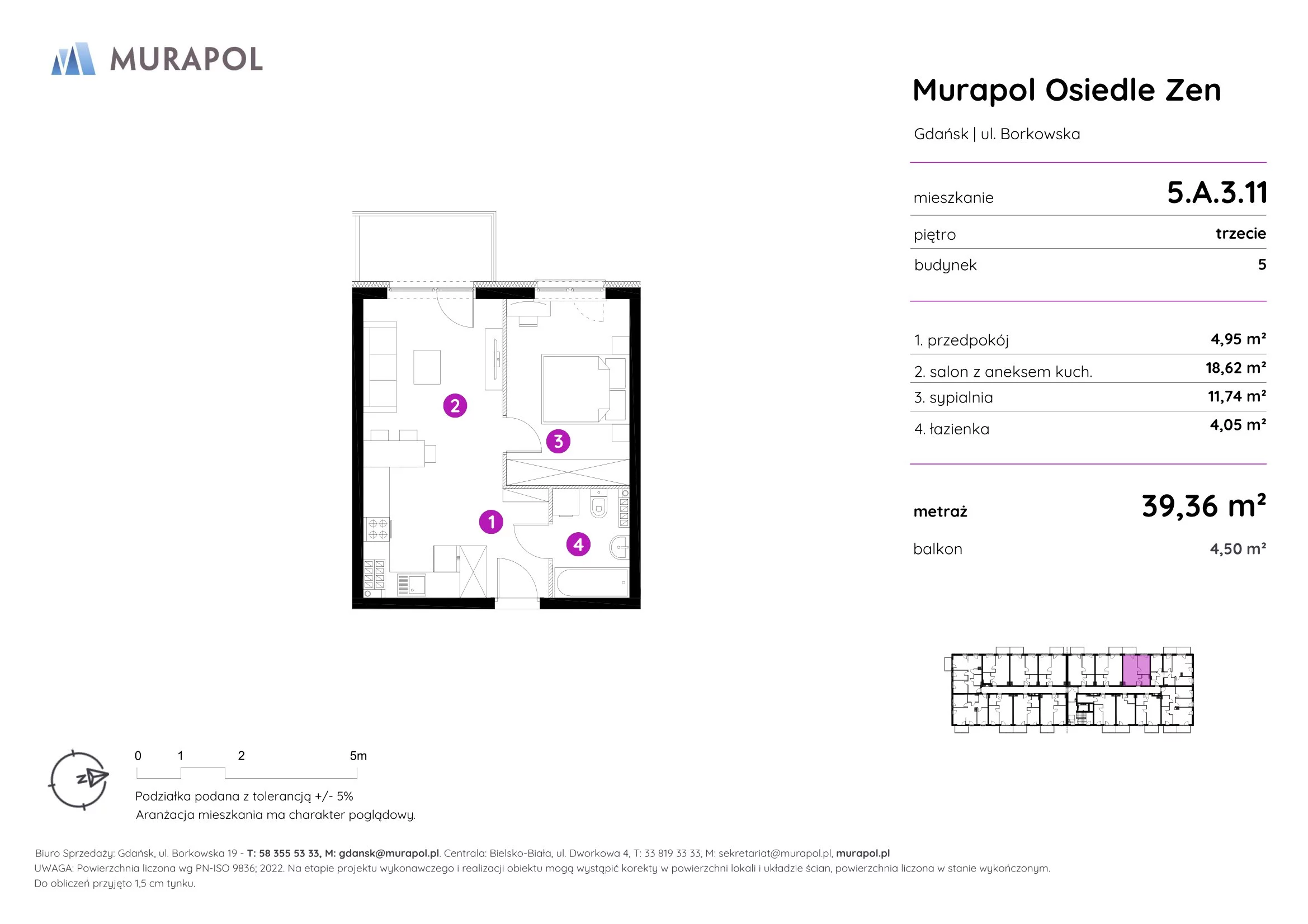 Mieszkanie 39,36 m², piętro 3, oferta nr 5.A.3.11, Murapol Osiedle Zen, Gdańsk, Orunia Górna-Gdańsk Południe, Maćkowy, ul. Borkowska