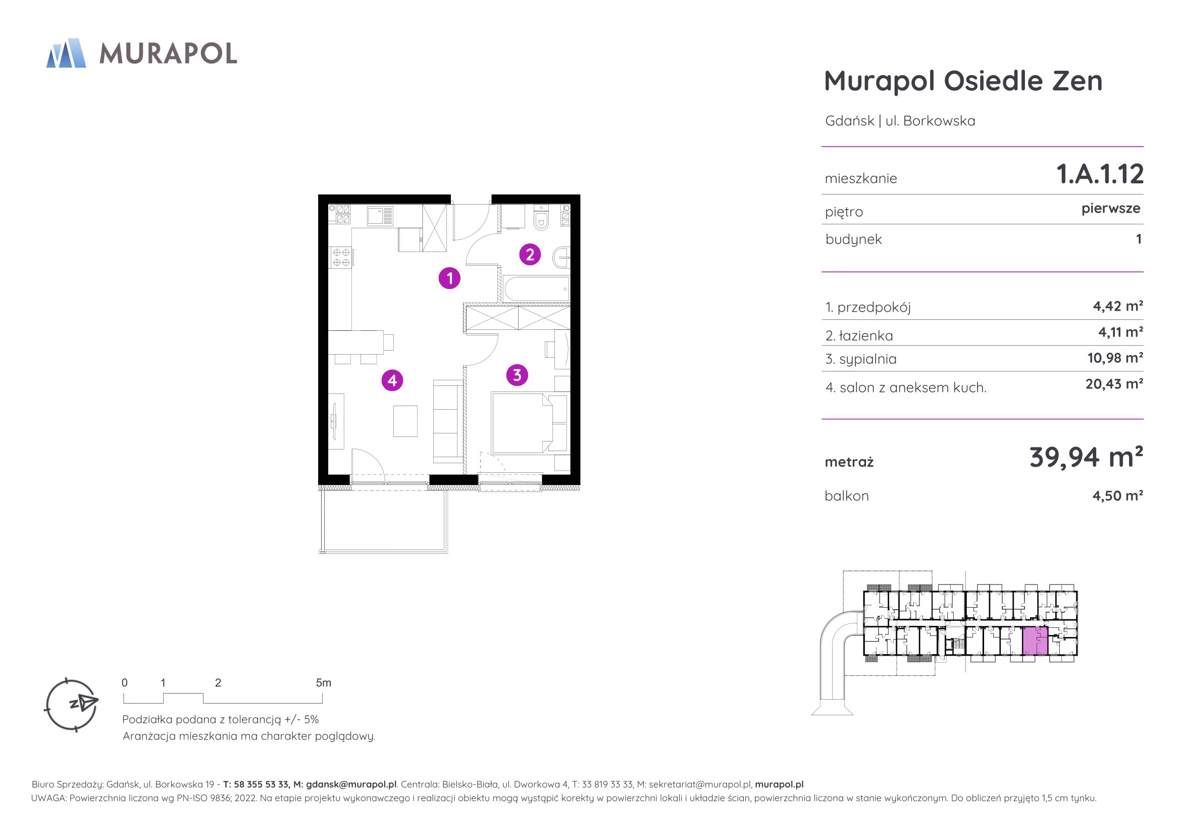 2 pokoje, mieszkanie 39,94 m², piętro 1, oferta nr 1.A.1.12, Murapol Osiedle Zen, Gdańsk, Orunia Górna-Gdańsk Południe, Maćkowy, ul. Borkowska