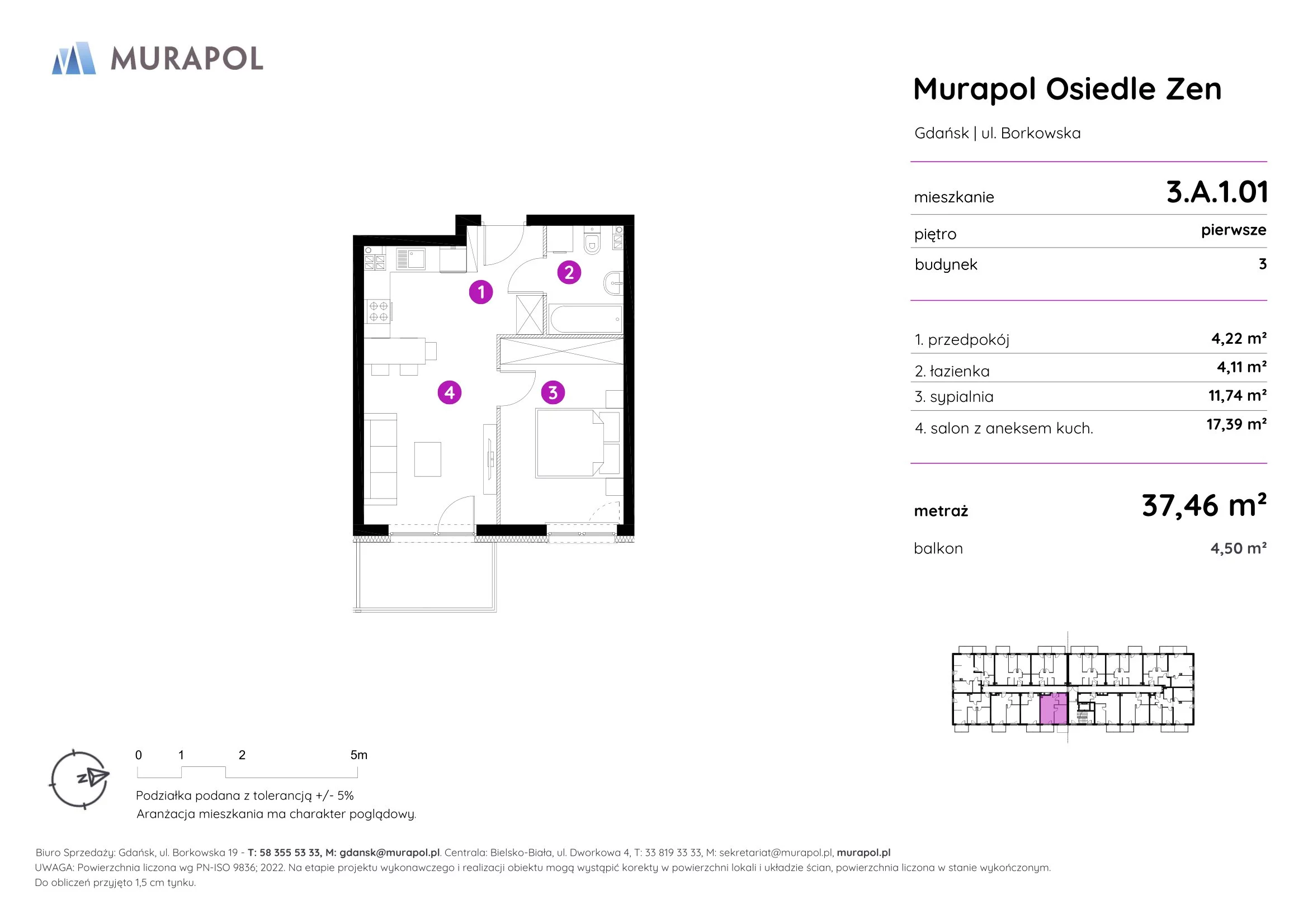 2 pokoje, mieszkanie 37,46 m², piętro 1, oferta nr 3.A.1.01, Murapol Osiedle Zen, Gdańsk, Orunia Górna-Gdańsk Południe, Maćkowy, ul. Borkowska