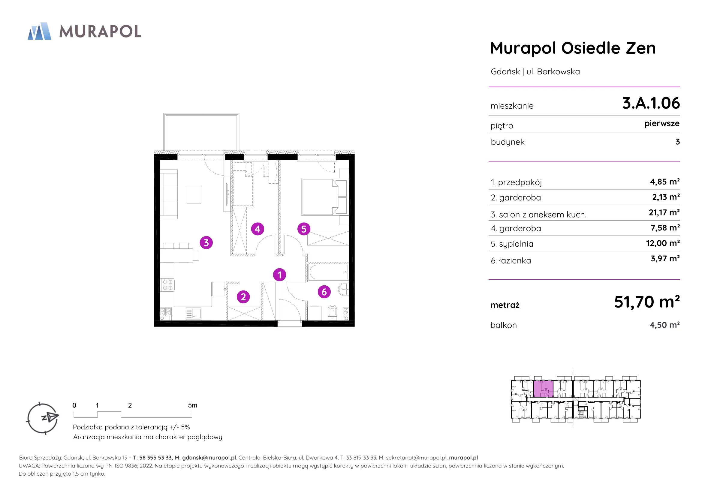 2 pokoje, mieszkanie 51,70 m², piętro 1, oferta nr 3.A.1.06, Murapol Osiedle Zen, Gdańsk, Orunia Górna-Gdańsk Południe, Maćkowy, ul. Borkowska