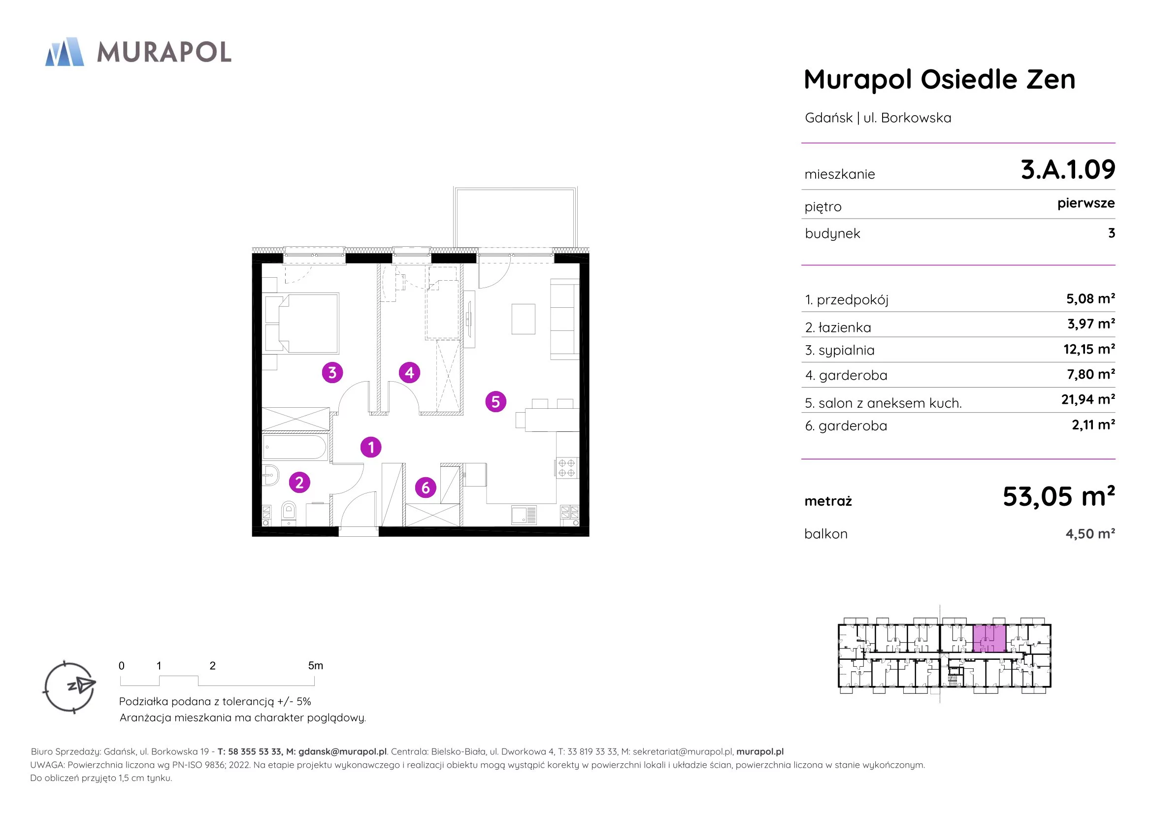 2 pokoje, mieszkanie 53,05 m², piętro 1, oferta nr 3.A.1.09, Murapol Osiedle Zen, Gdańsk, Orunia Górna-Gdańsk Południe, Maćkowy, ul. Borkowska