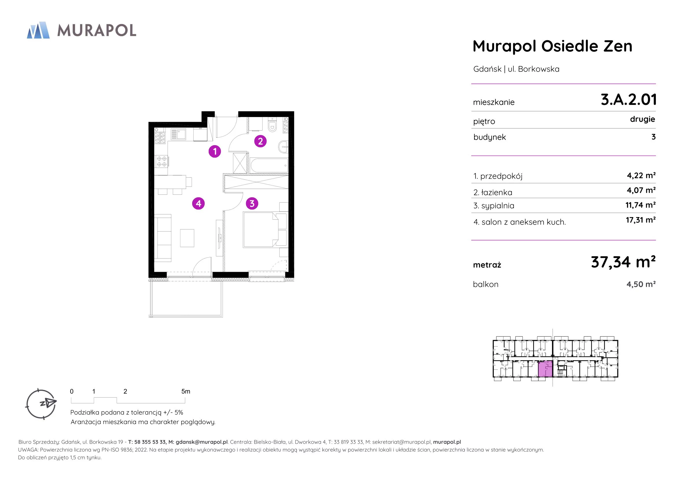 2 pokoje, mieszkanie 37,34 m², piętro 2, oferta nr 3.A.2.01, Murapol Osiedle Zen, Gdańsk, Orunia Górna-Gdańsk Południe, Maćkowy, ul. Borkowska