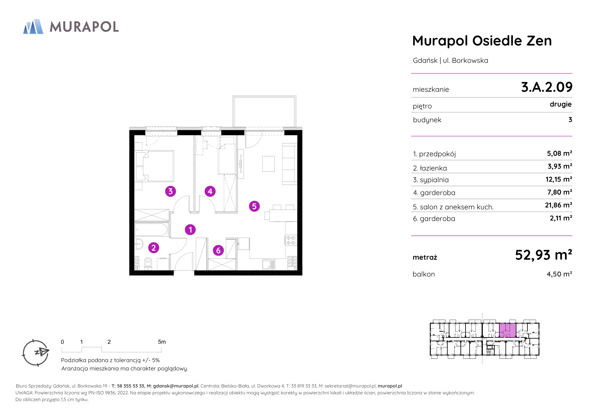 2 pokoje, mieszkanie 52,93 m², piętro 2, oferta nr 3.A.2.09, Murapol Osiedle Zen, Gdańsk, Orunia Górna-Gdańsk Południe, Maćkowy, ul. Borkowska