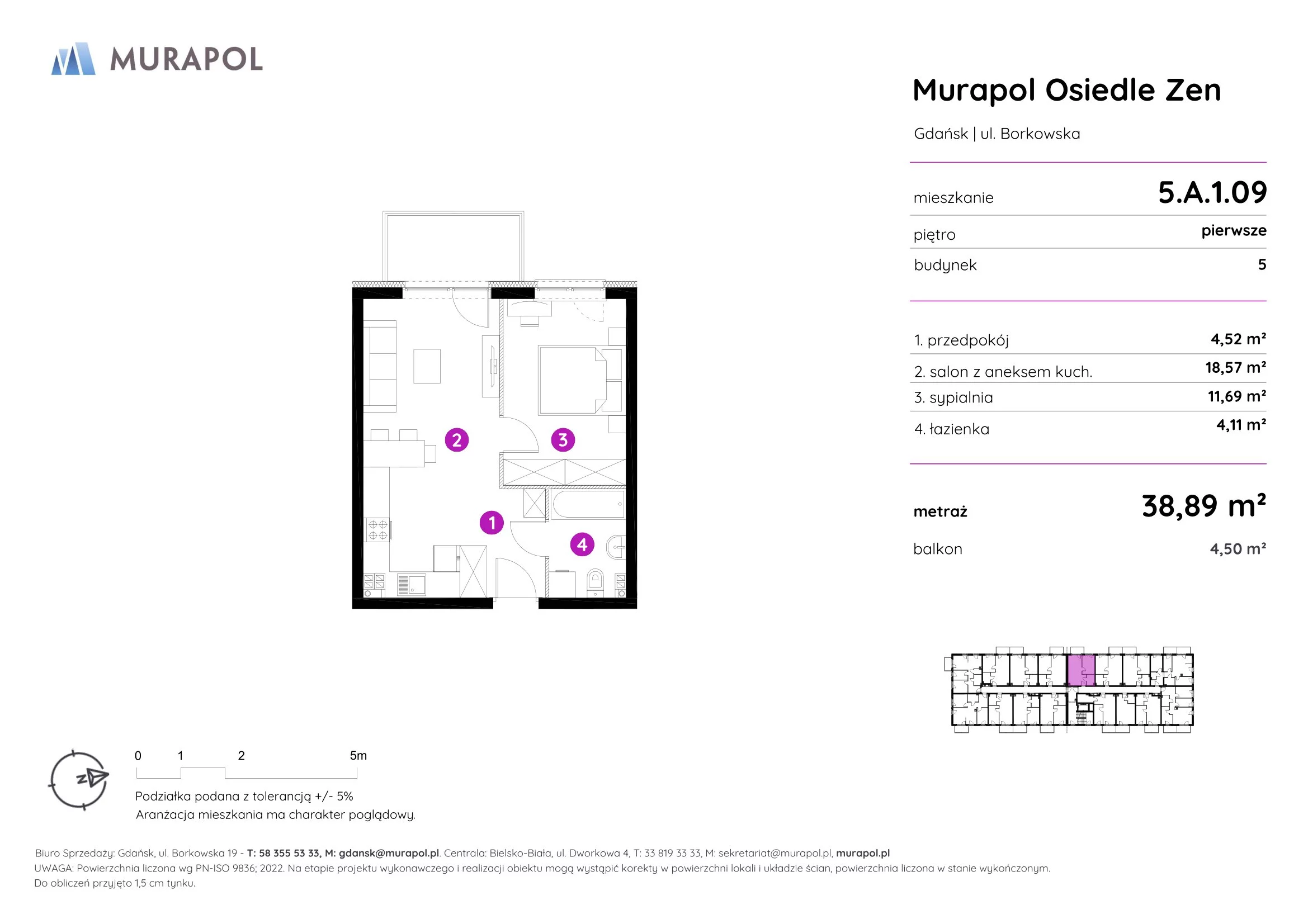 2 pokoje, mieszkanie 38,89 m², piętro 1, oferta nr 5.A.1.09, Murapol Osiedle Zen, Gdańsk, Orunia Górna-Gdańsk Południe, Maćkowy, ul. Borkowska