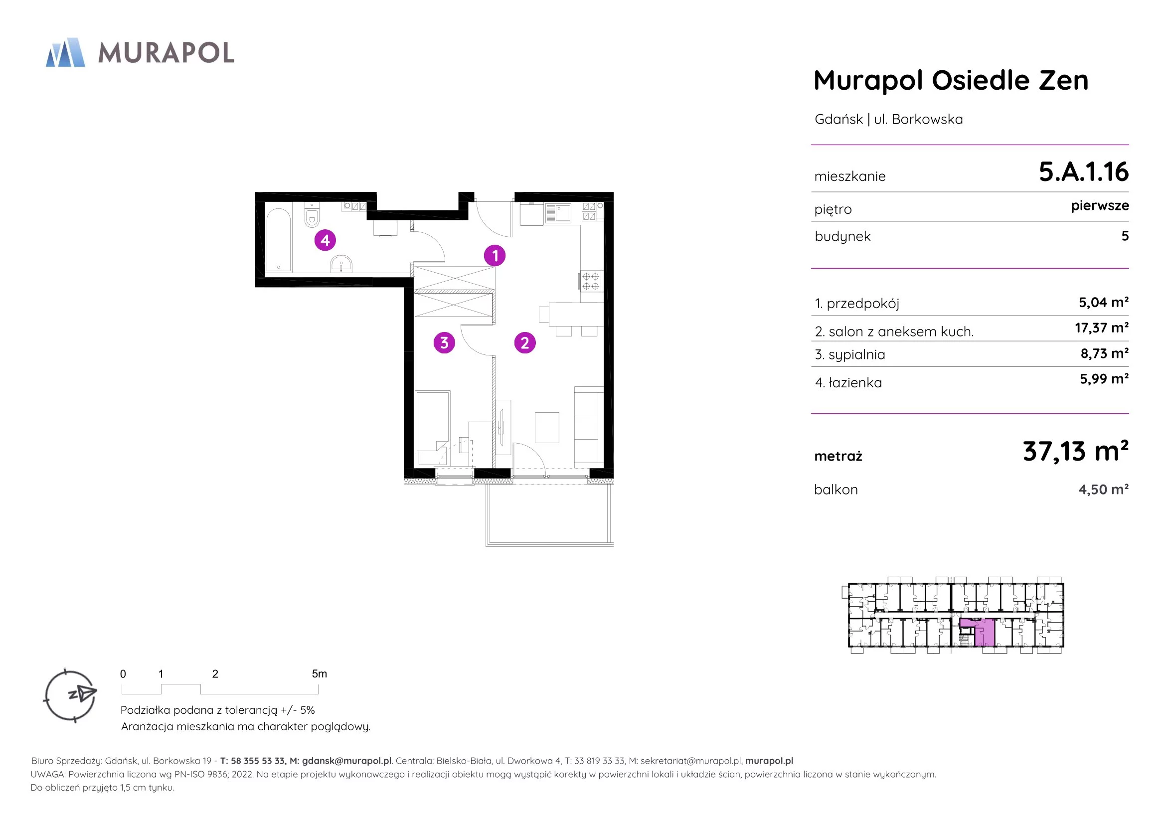 2 pokoje, mieszkanie 37,13 m², piętro 1, oferta nr 5.A.1.16, Murapol Osiedle Zen, Gdańsk, Orunia Górna-Gdańsk Południe, Maćkowy, ul. Borkowska