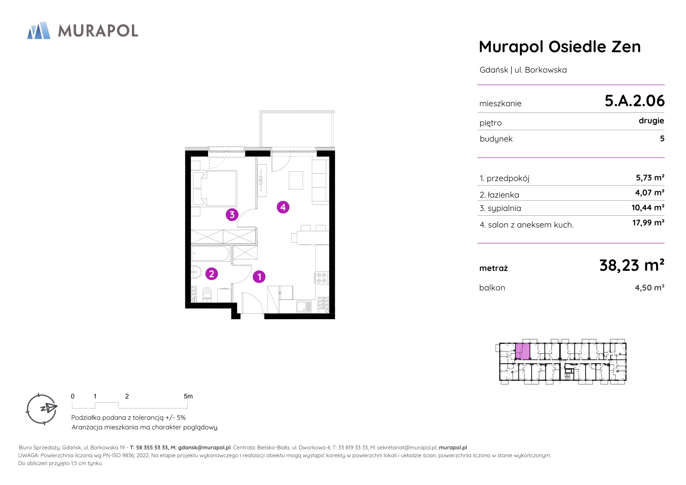 2 pokoje, mieszkanie 38,23 m², piętro 2, oferta nr 5.A.2.06, Murapol Osiedle Zen, Gdańsk, Orunia Górna-Gdańsk Południe, Maćkowy, ul. Borkowska