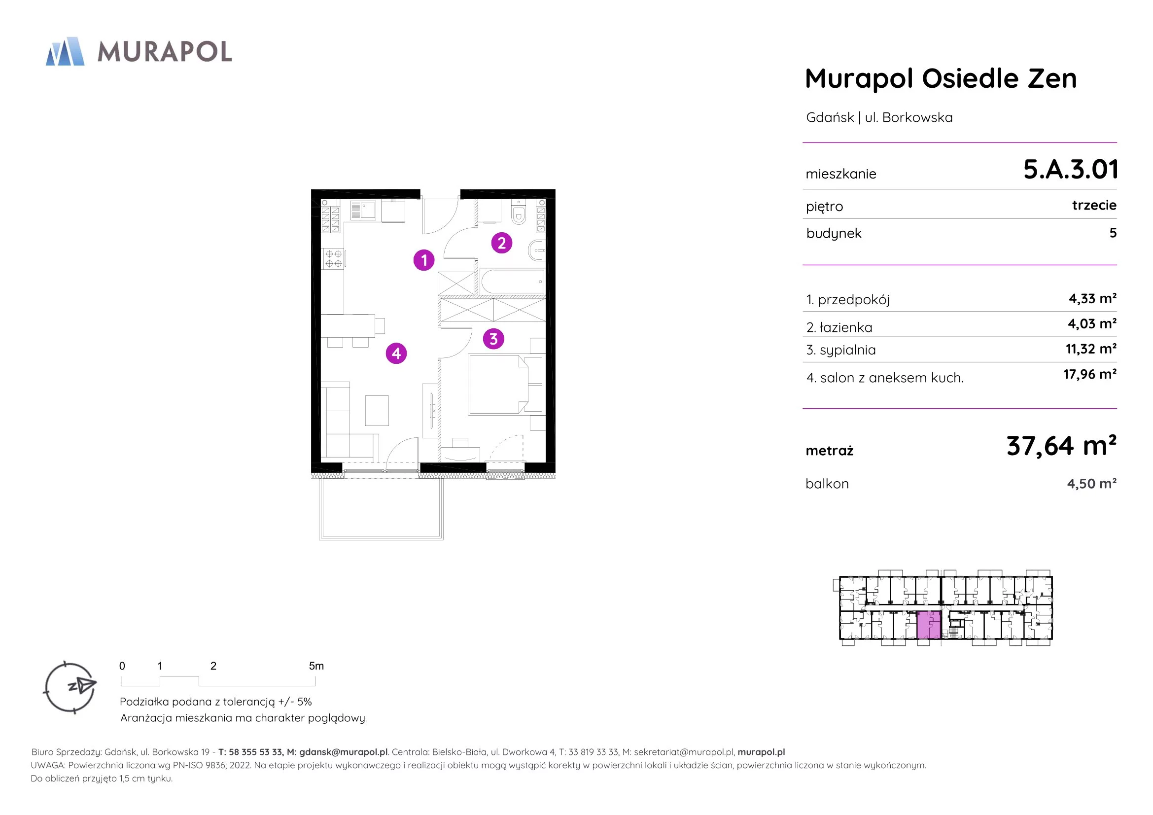 2 pokoje, mieszkanie 37,64 m², piętro 3, oferta nr 5.A.3.01, Murapol Osiedle Zen, Gdańsk, Orunia Górna-Gdańsk Południe, Maćkowy, ul. Borkowska
