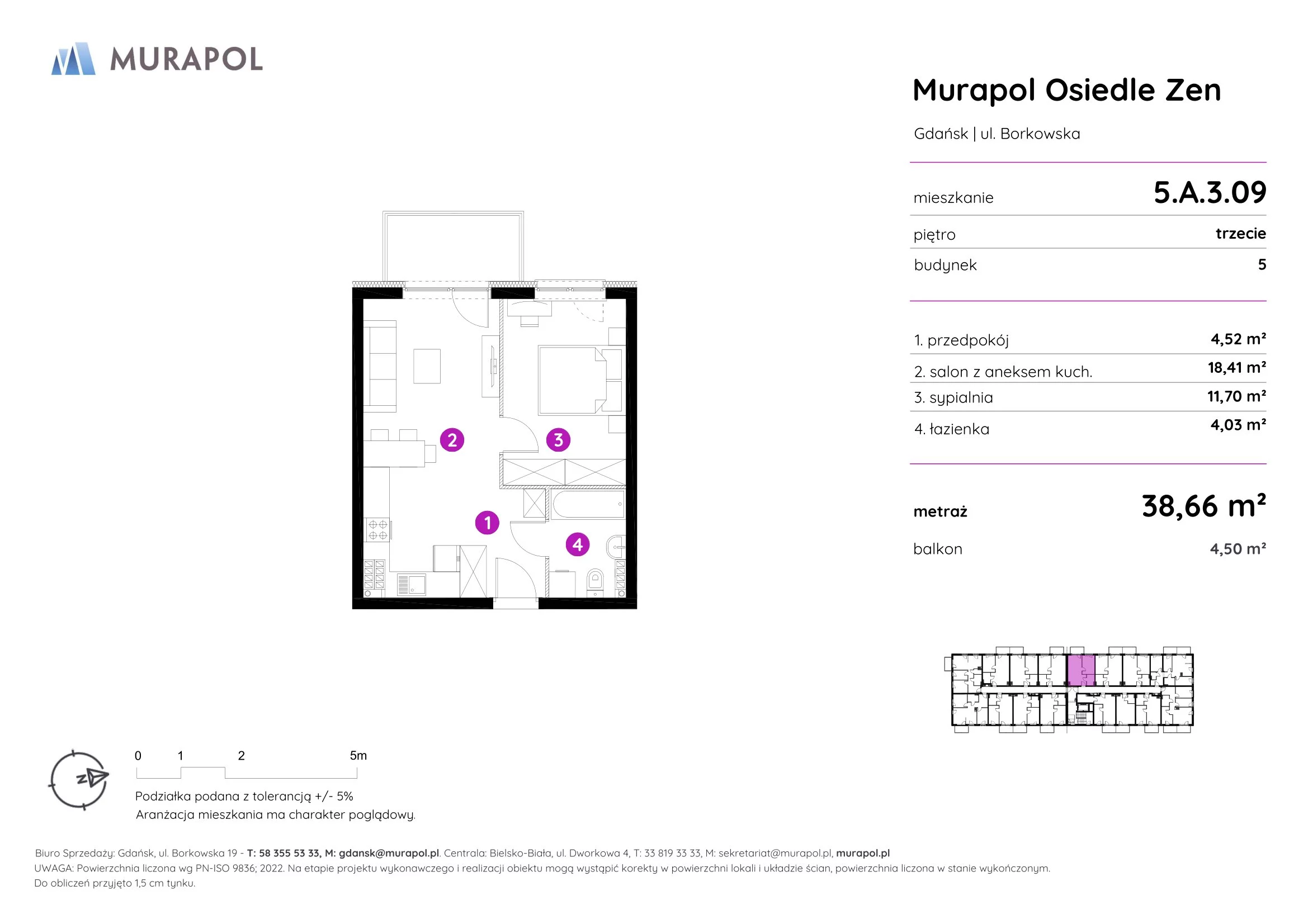 2 pokoje, mieszkanie 38,66 m², piętro 3, oferta nr 5.A.3.09, Murapol Osiedle Zen, Gdańsk, Orunia Górna-Gdańsk Południe, Maćkowy, ul. Borkowska