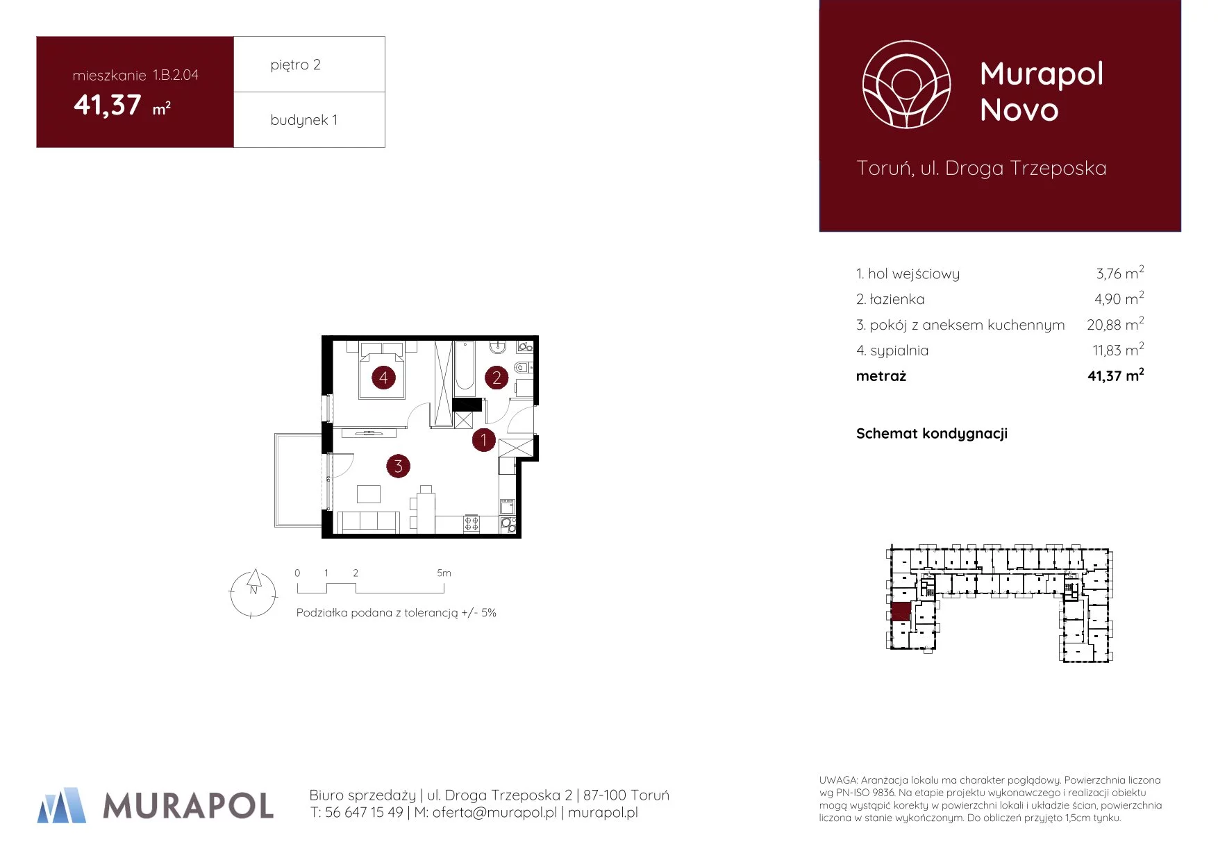 2 pokoje, mieszkanie 41,37 m², piętro 2, oferta nr 1.B.2.04, Murapol Novo, Toruń, Jakubskie Przedmieście, ul. Droga Trzeposka