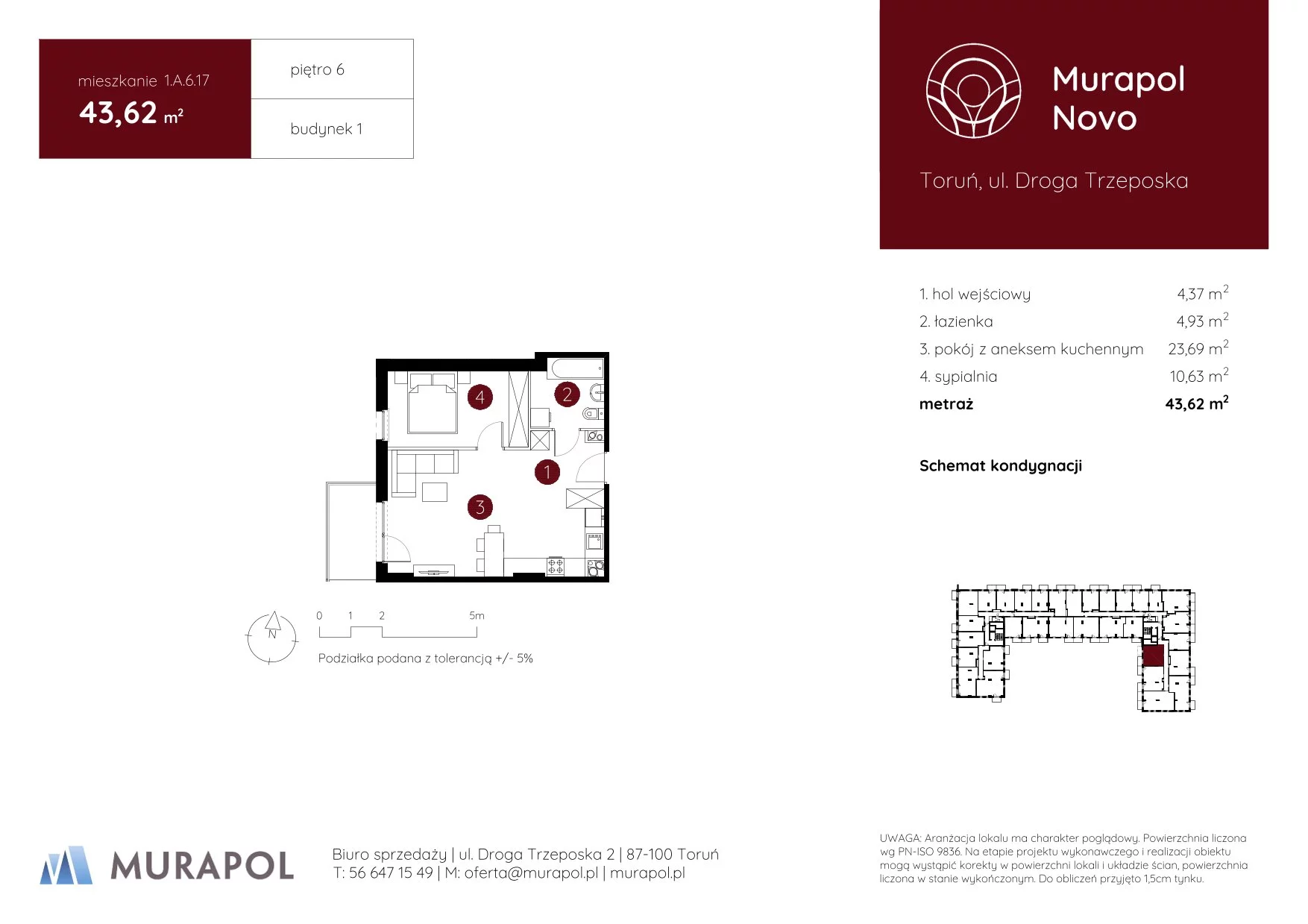 2 pokoje, mieszkanie 43,62 m², piętro 6, oferta nr 1.A.6.17, Murapol Novo, Toruń, Jakubskie Przedmieście, ul. Droga Trzeposka