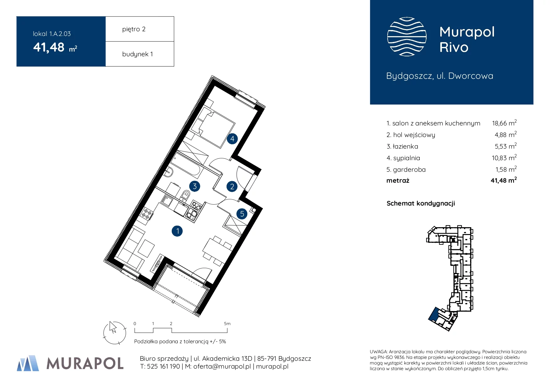 Mieszkanie 41,48 m², piętro 2, oferta nr 1.A.2.03, Murapol Rivo, Bydgoszcz, Śródmieście, ul. Dworcowa