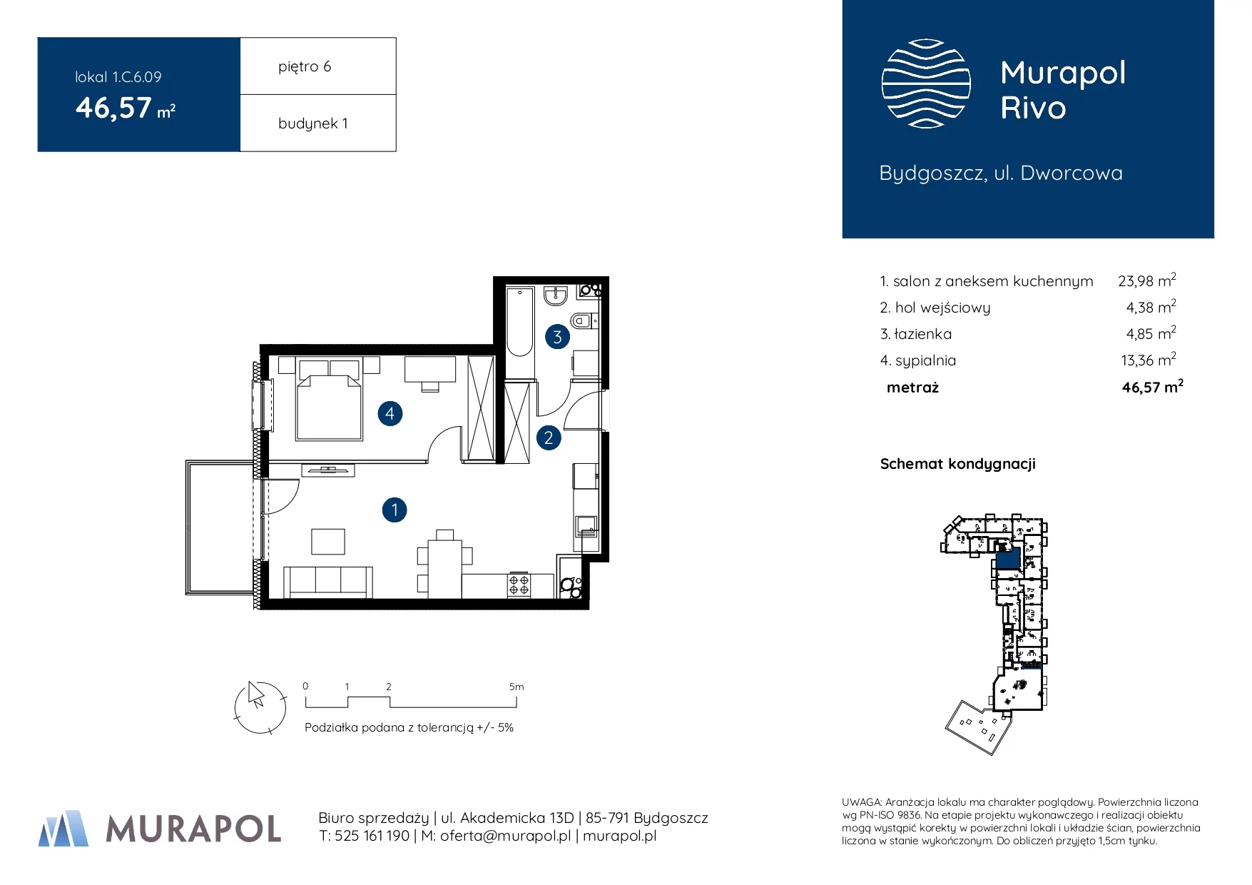 2 pokoje, mieszkanie 46,57 m², piętro 6, oferta nr 1.C.6.09, Murapol Rivo, Bydgoszcz, Śródmieście, ul. Dworcowa