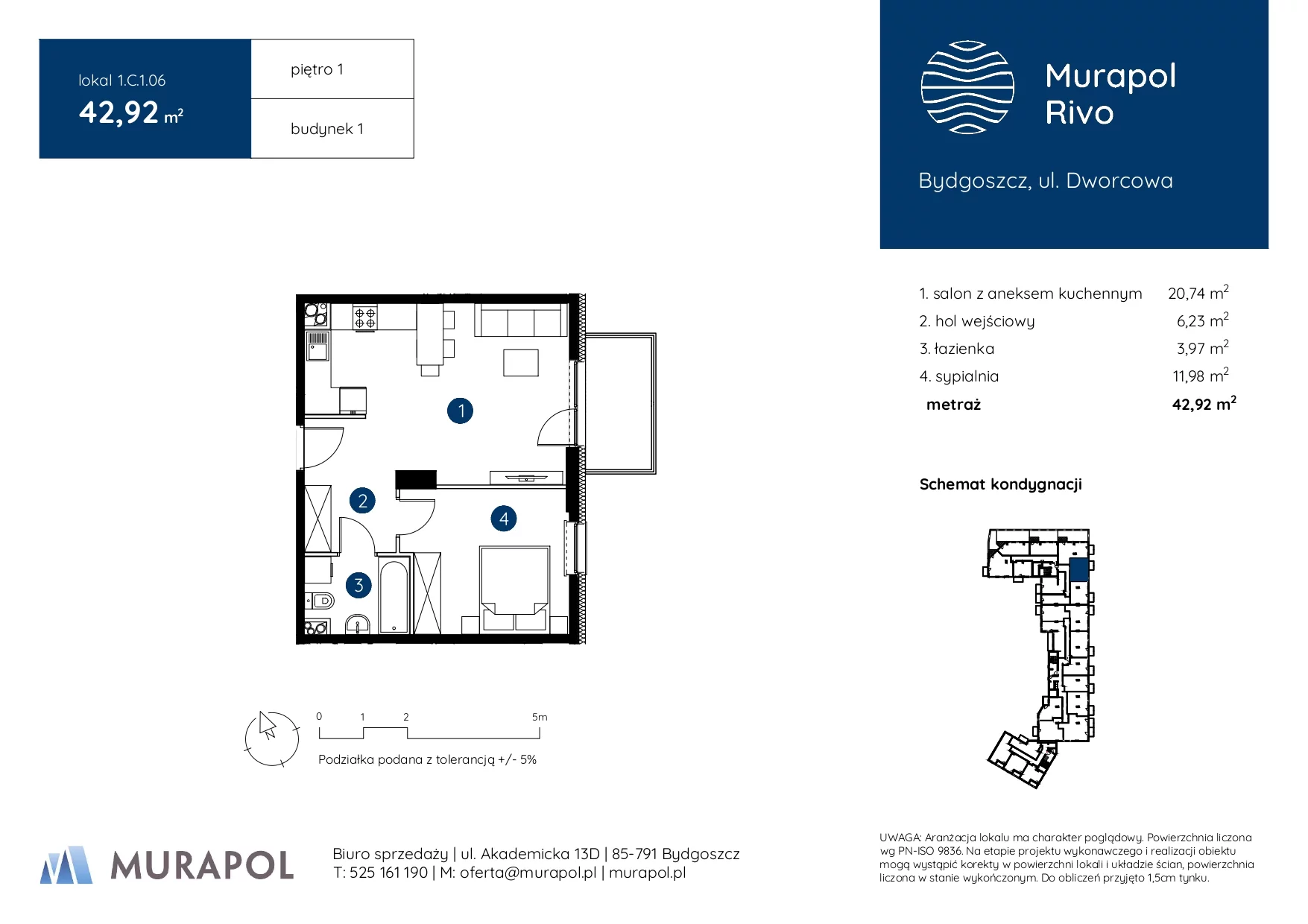 2 pokoje, mieszkanie 42,92 m², piętro 1, oferta nr 1.C.1.06, Murapol Rivo, Bydgoszcz, Śródmieście, ul. Dworcowa
