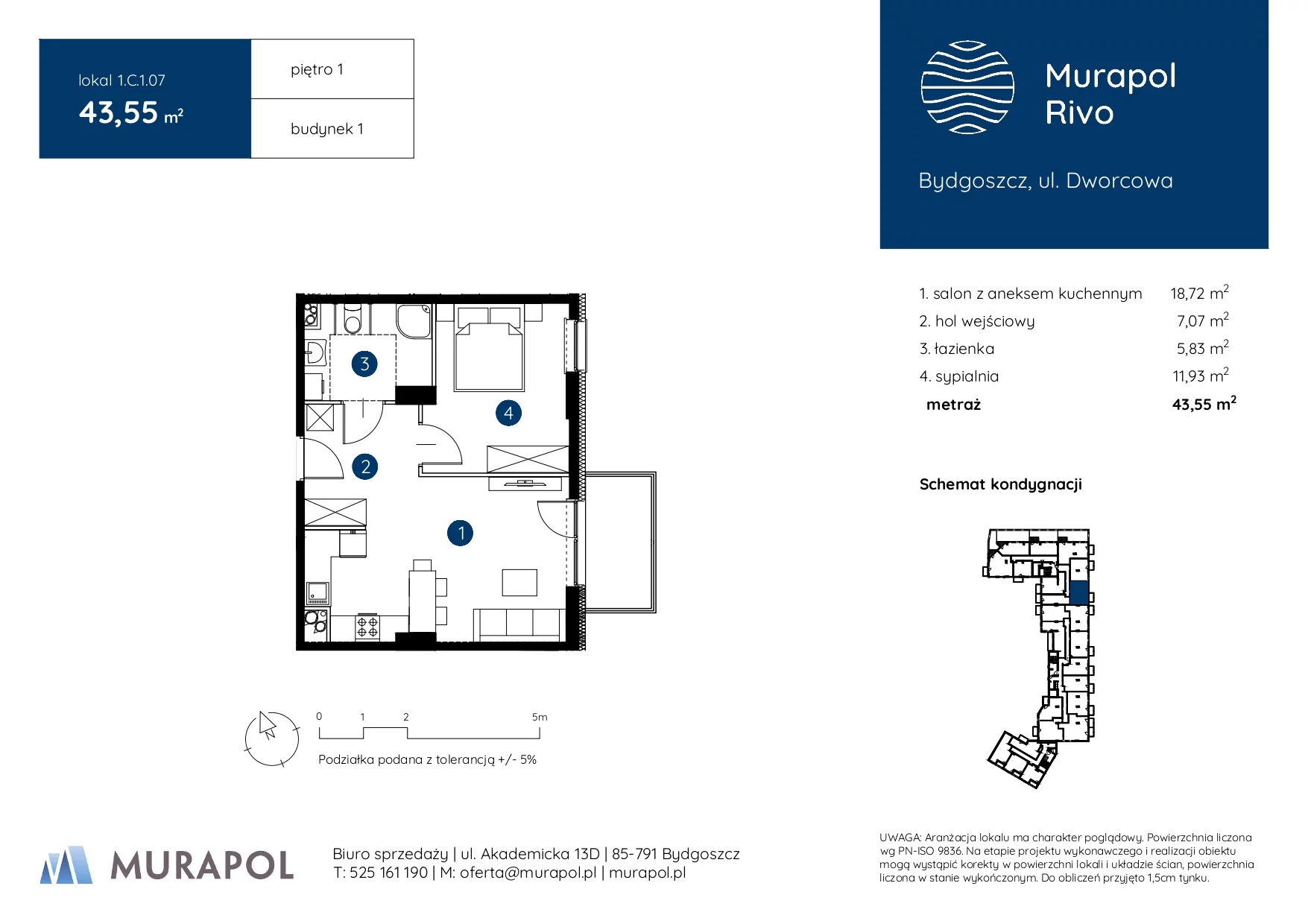 2 pokoje, mieszkanie 43,55 m², piętro 1, oferta nr 1.C.1.07, Murapol Rivo, Bydgoszcz, Śródmieście, ul. Dworcowa