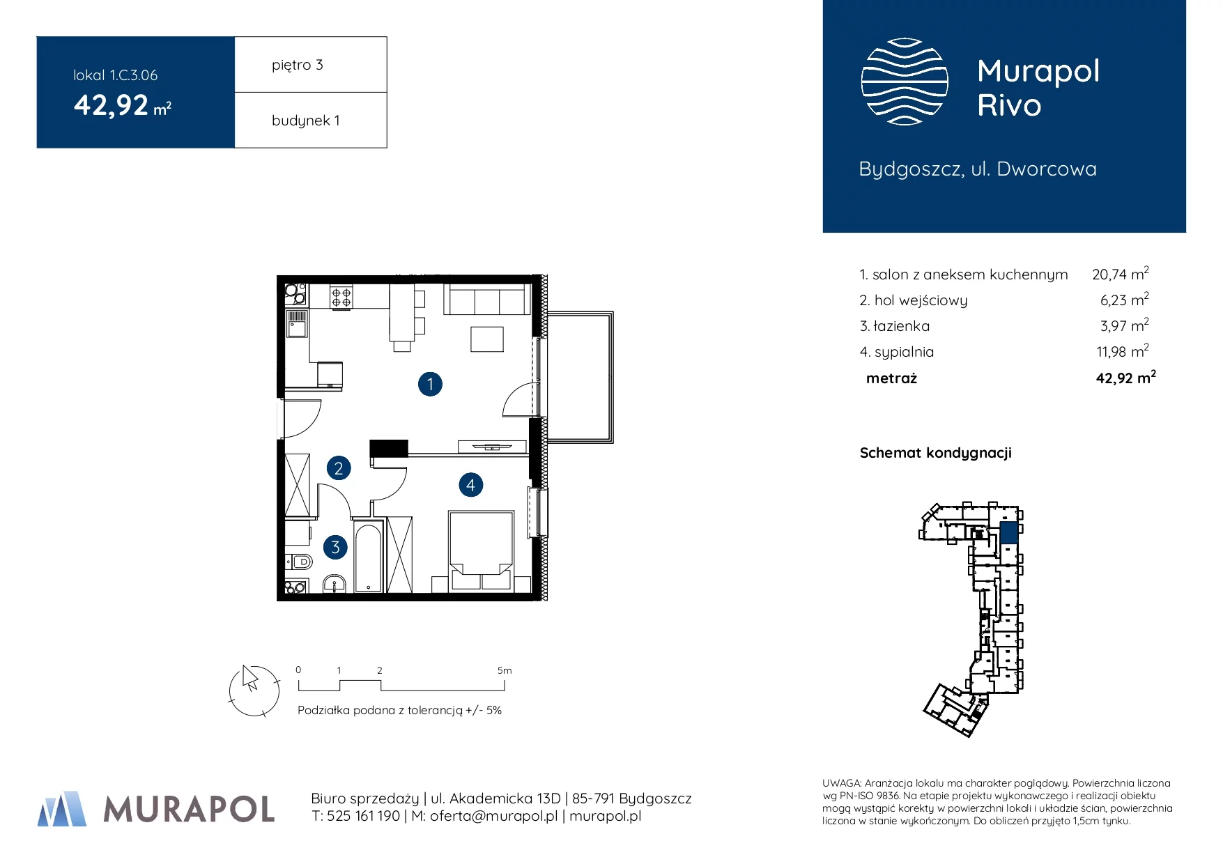 2 pokoje, mieszkanie 42,92 m², piętro 3, oferta nr 1.C.3.06, Murapol Rivo, Bydgoszcz, Śródmieście, ul. Dworcowa
