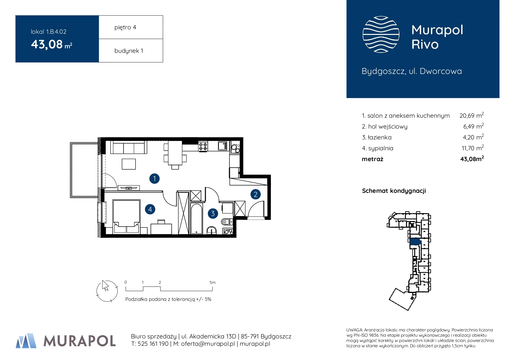 2 pokoje, mieszkanie 43,08 m², piętro 4, oferta nr 1.B.4.02, Murapol Rivo, Bydgoszcz, Śródmieście, ul. Dworcowa